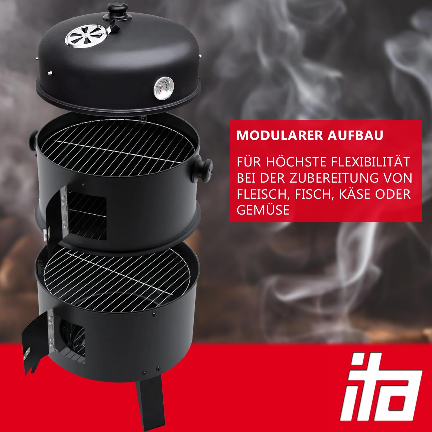 ITA Räuchergrill 3in1 Multifunktional - Grillen, Räuchern, Garen - Modularer Holzkohlegrill Smoker mit Thermometer & regulierbarem Luftabzug am Deckel - Grilltonne Räucherofen