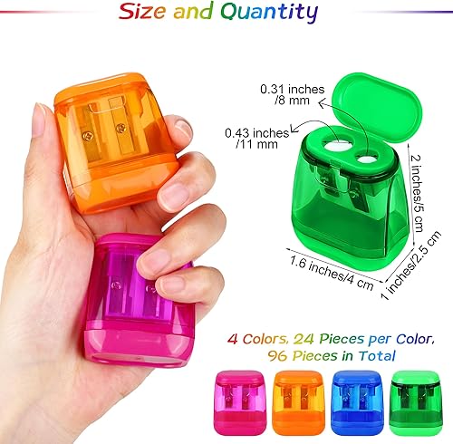 Miniatura 2 de Aodaer 96 sacapuntas manuales de doble agujero compacto con tapa para niños sacapuntas en la escuela, oficina, hogar, mezcla de 4 colores