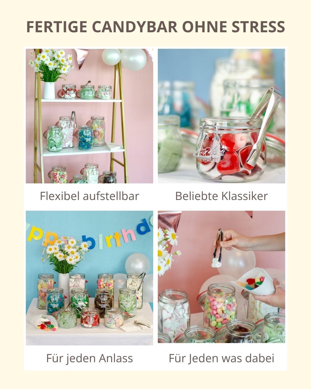 Der Zuckerbäcker Fertige Candy-Bar, Gläser gefüllt mit Süßigkeiten - Candybar Zubehör Set inklusive, Candy Bar Süssigkeiten für Hochzeit, Geburtstag