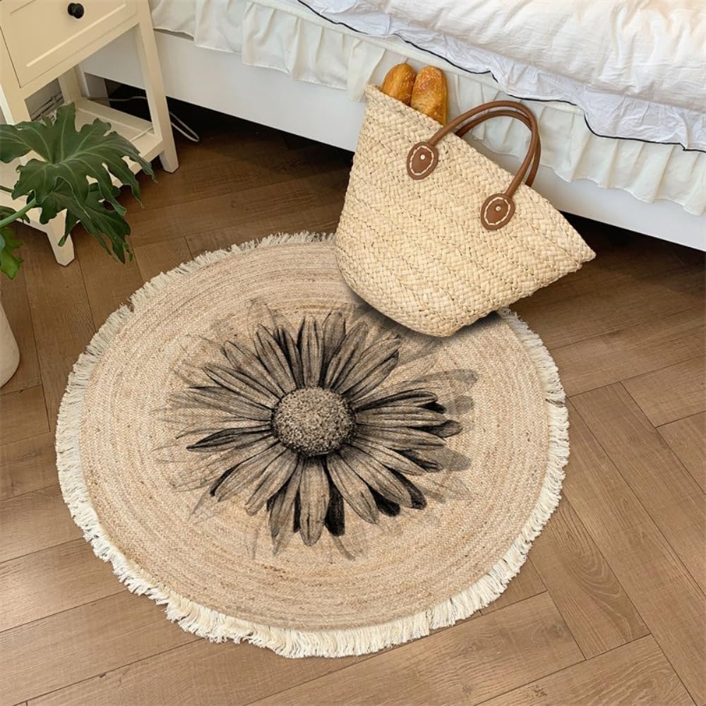 Aniyan Handgewebter Baumwollteppich Rund Boho Stil mit Fransen, Geflochtener Teppich Waschbar Faltbar, Weicher Teppich für Wohnzimmer Schlafzimmer Küche Flur (Ø 100cm,Muster H)
