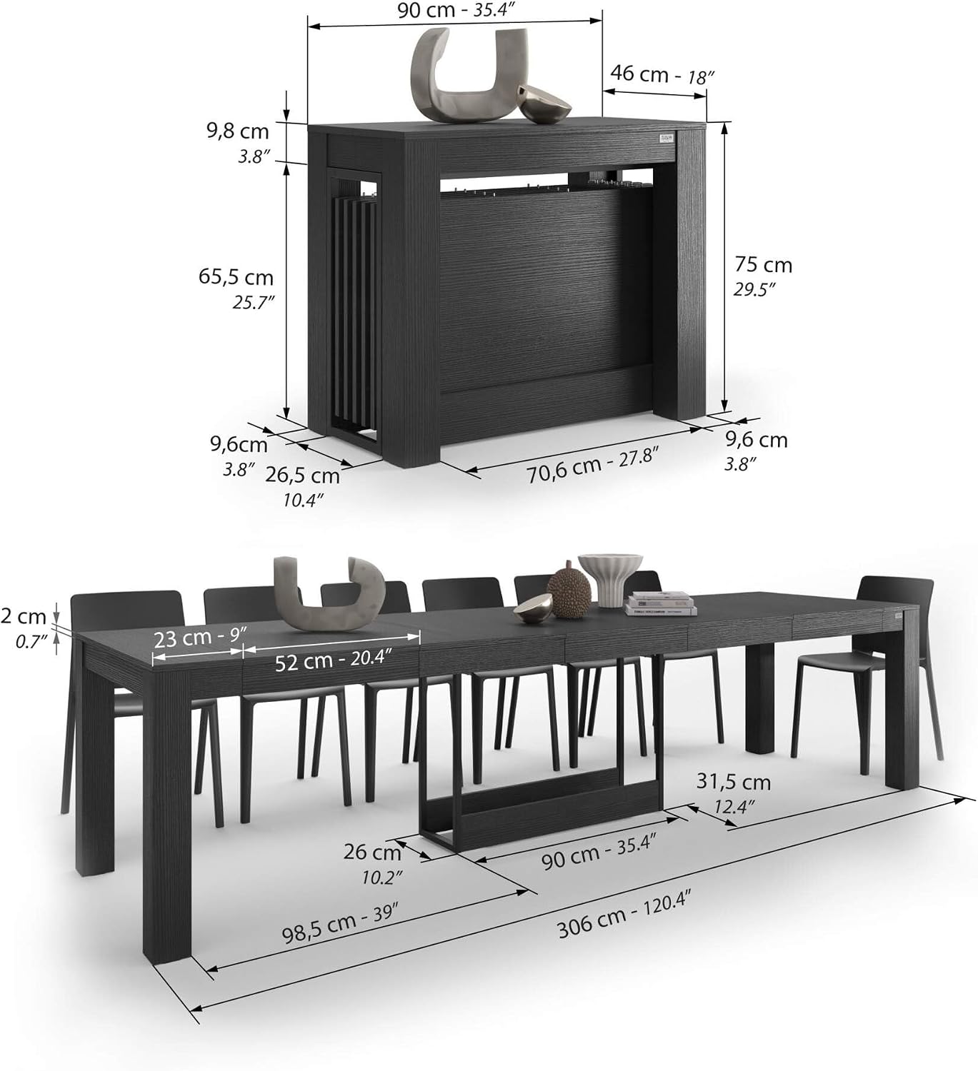 Mobili Fiver, Extendable Console Table with Extension Leaves Holder, Rachele, 18(120) x35 in, Ashwood Black, Made in Italy