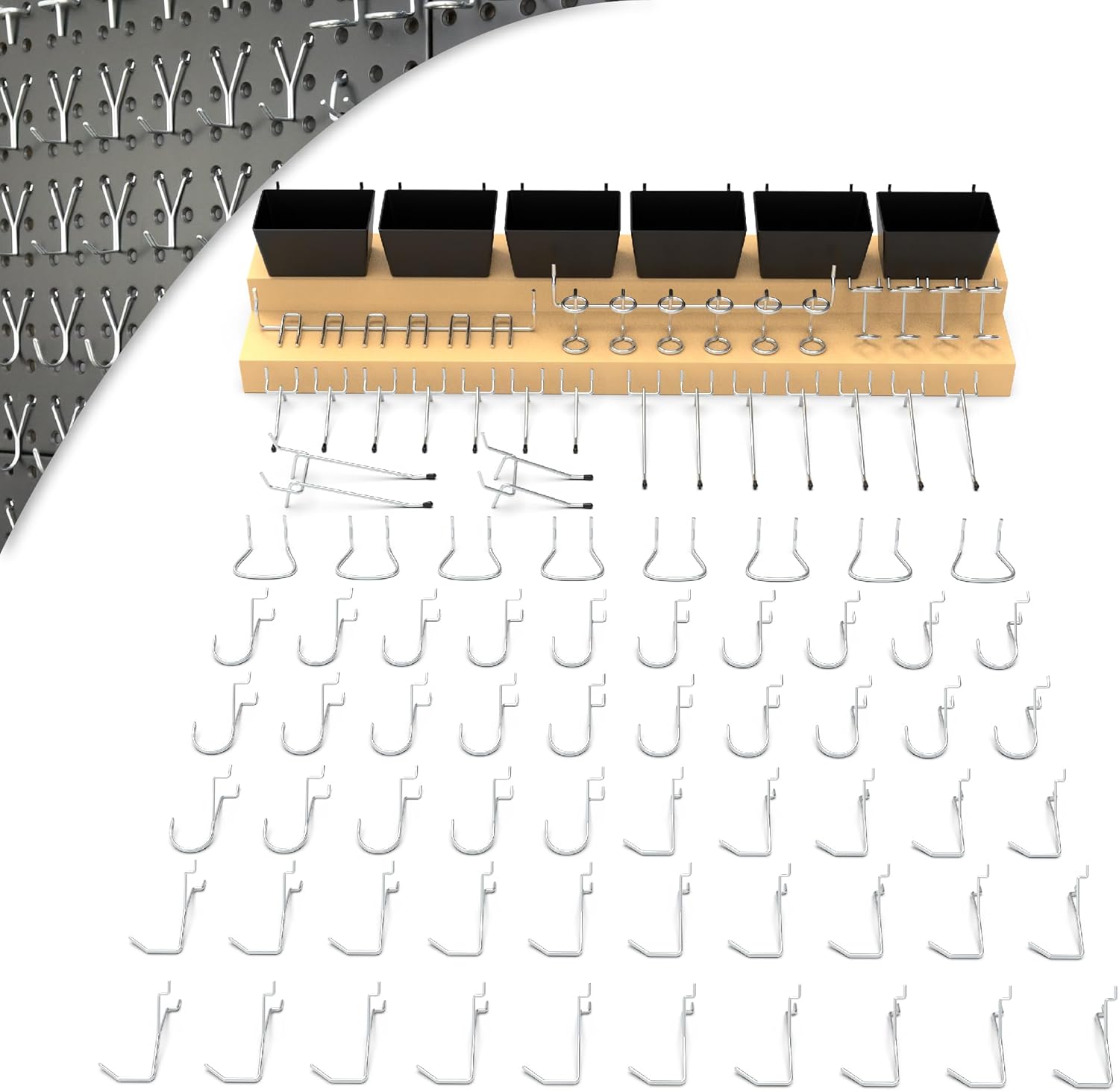 HUHOLE 88 Piece Pegboard Hooks Assortment Kit with Pegboard Bins Garage Tool Organizer Set Fits 1/8 and 1/4 Inch Peg Board Accessories for Workbench Craft Room and Kitchen Storage