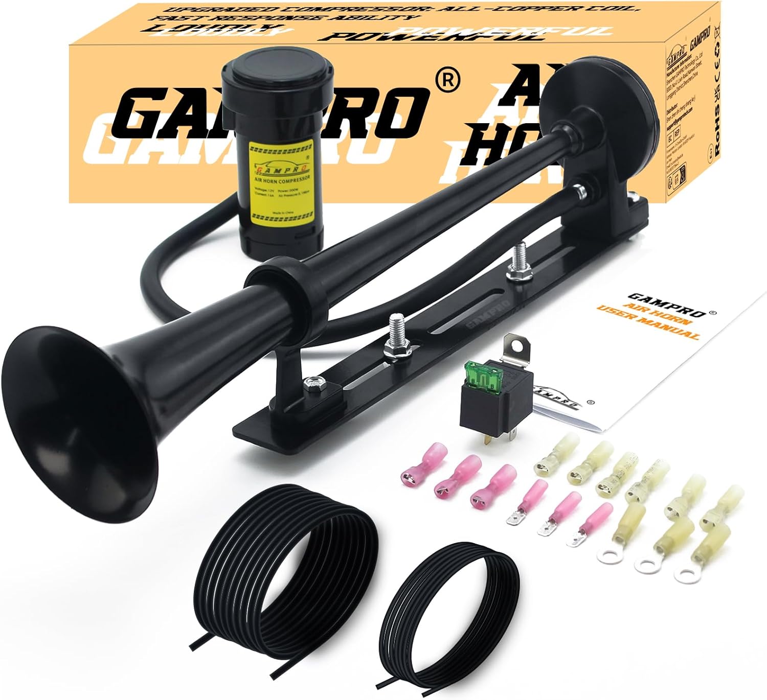 12V 150DB Air Horn with bracket Kit, 18 Inches Chrome Zinc Single Trumpet Truck Air Horn with Compressor and bracket for Any 12V Vehicles Trucks Lorrys Trains Boats Cars (black)