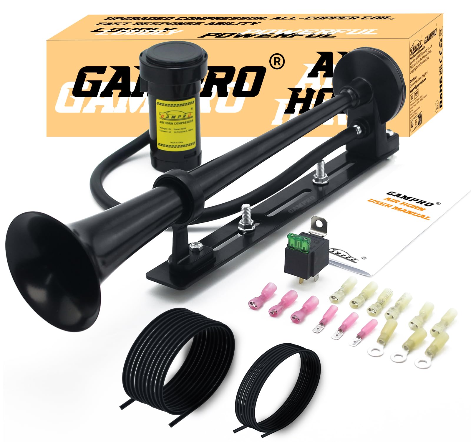 GAMPRO Clacson per camion, 12 V, 150 dB, cromato, zinco, doppia tromba Air Horn con compressore, per tutti i veicoli da 12 V, camion, barche, cars, furgoni (bianco)