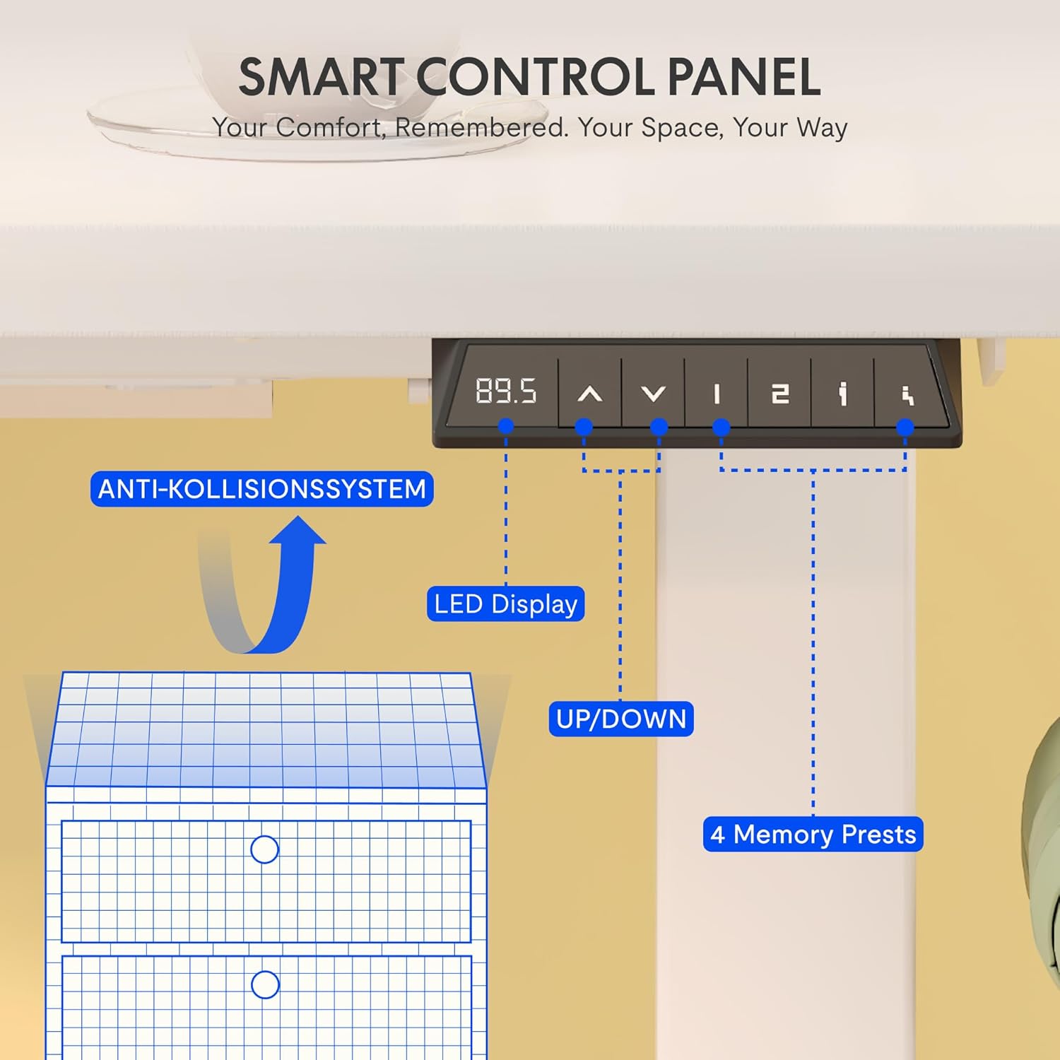 Close-up of the smart control panel with LED display, up/down buttons, and four memory presets.
