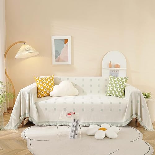 Miniatura 2 de DREAMINGO Fundas de sofá con diseño geométrico de cuadrícula verde para sofá biplaza de felpilla a cuadros, protector de sofá para mascotas futón