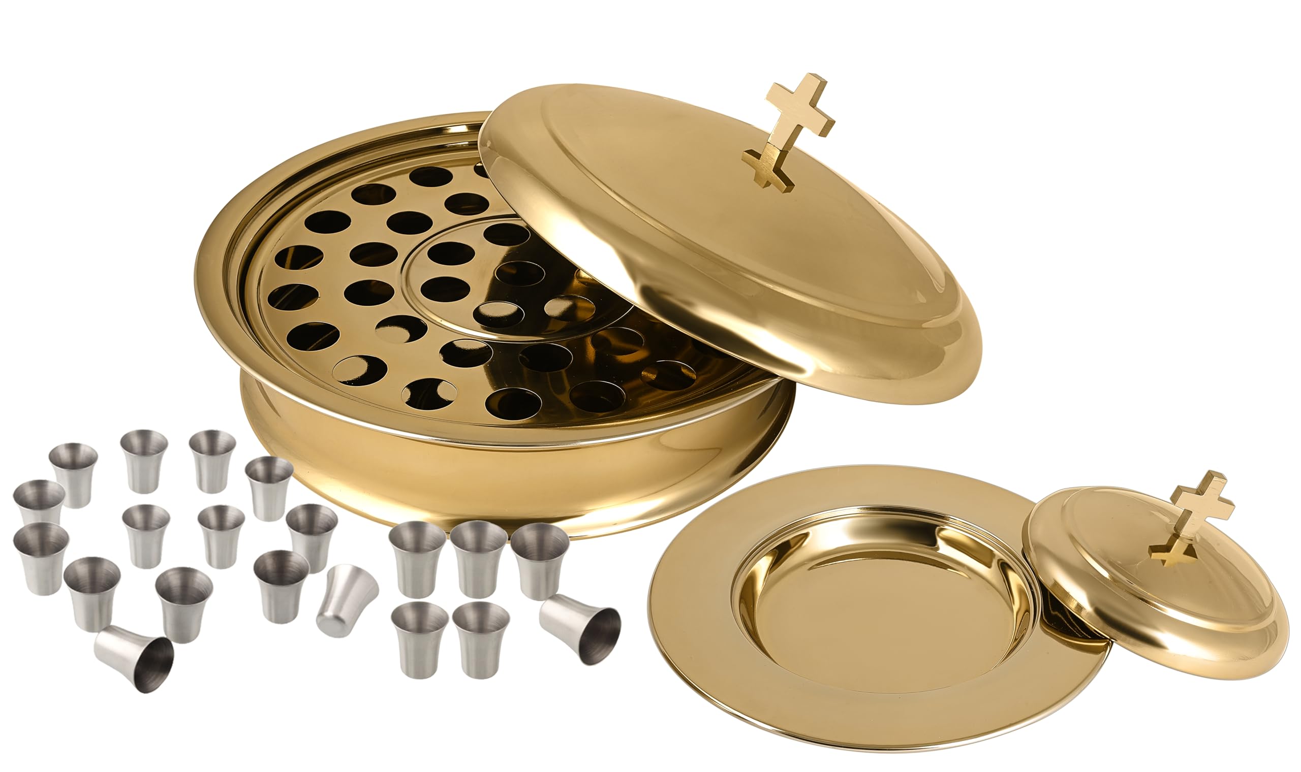 Communion Ware Vassoio da portata per vino sacro con coperchio e piatto per pane impilabile con coperchio + 40 tazze, in acciaio inox (ottone/oro lucido)