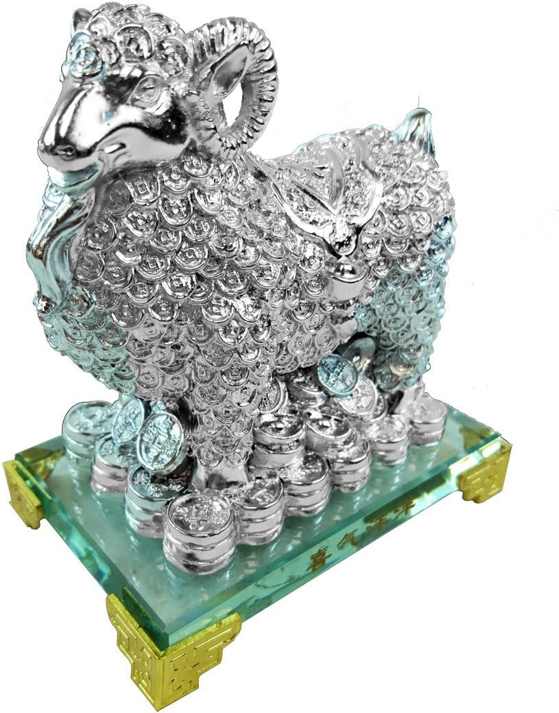 HONGVILLE Traditional Chinese Feng Shui Decor Fortune Wealth Prosperity Decorative Statue, Silver Sheep