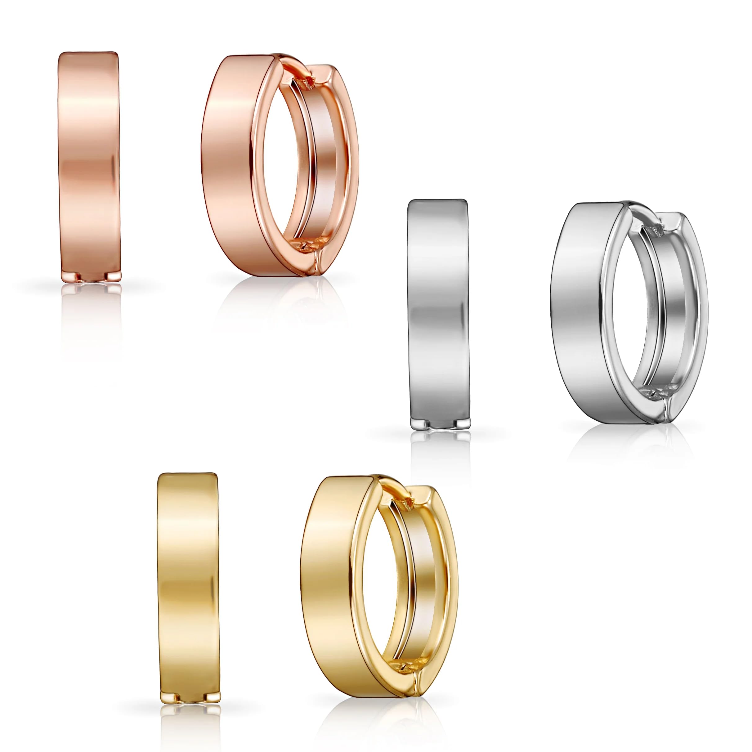 Philip Jones Set Di 3 Orecchini Huggie - Placcati Argento, Oro E Oro Rosa, Cerchio 12mm, Ipoallergenici
