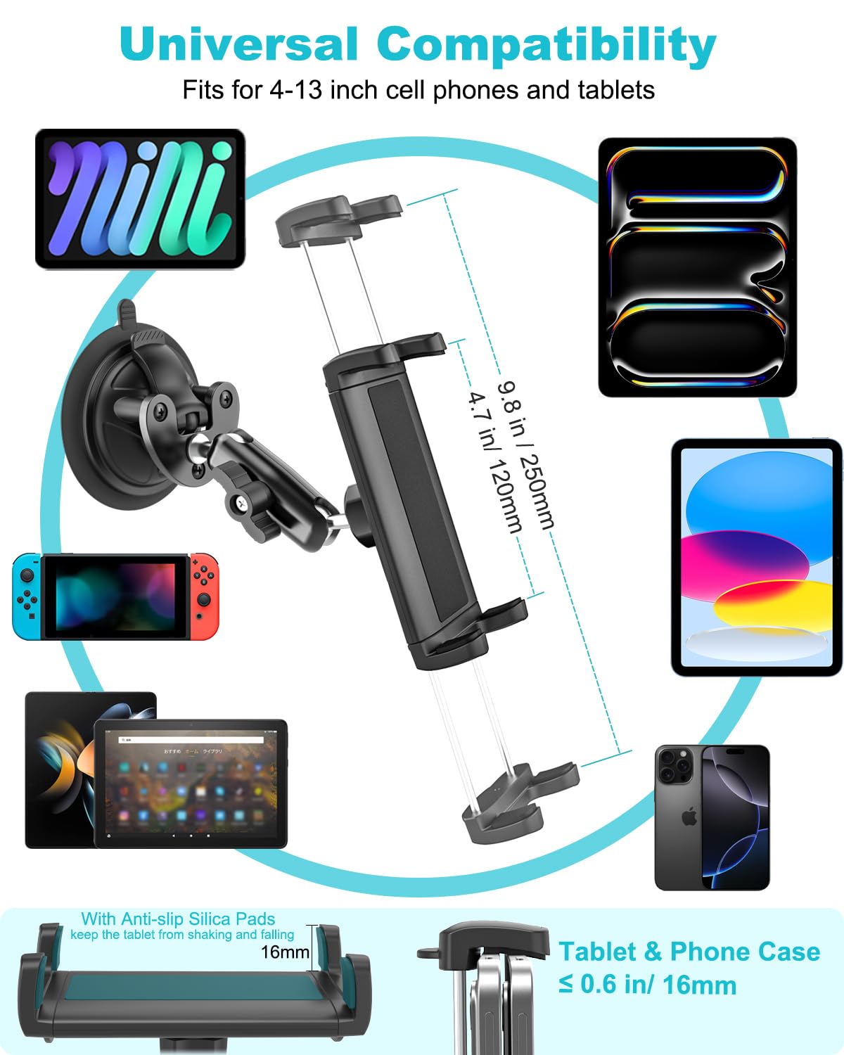Supporto Tablet Pilota, Universale Ventosa Forte - Supporto Tablet Parabrezza Aereo, Rotazione a 360° Porta per iPad Mini 7 6 5 4, iPad Pro 12.9 11 Air, Galaxy Tab, Tab M10 M11, iPhone, 4~13"