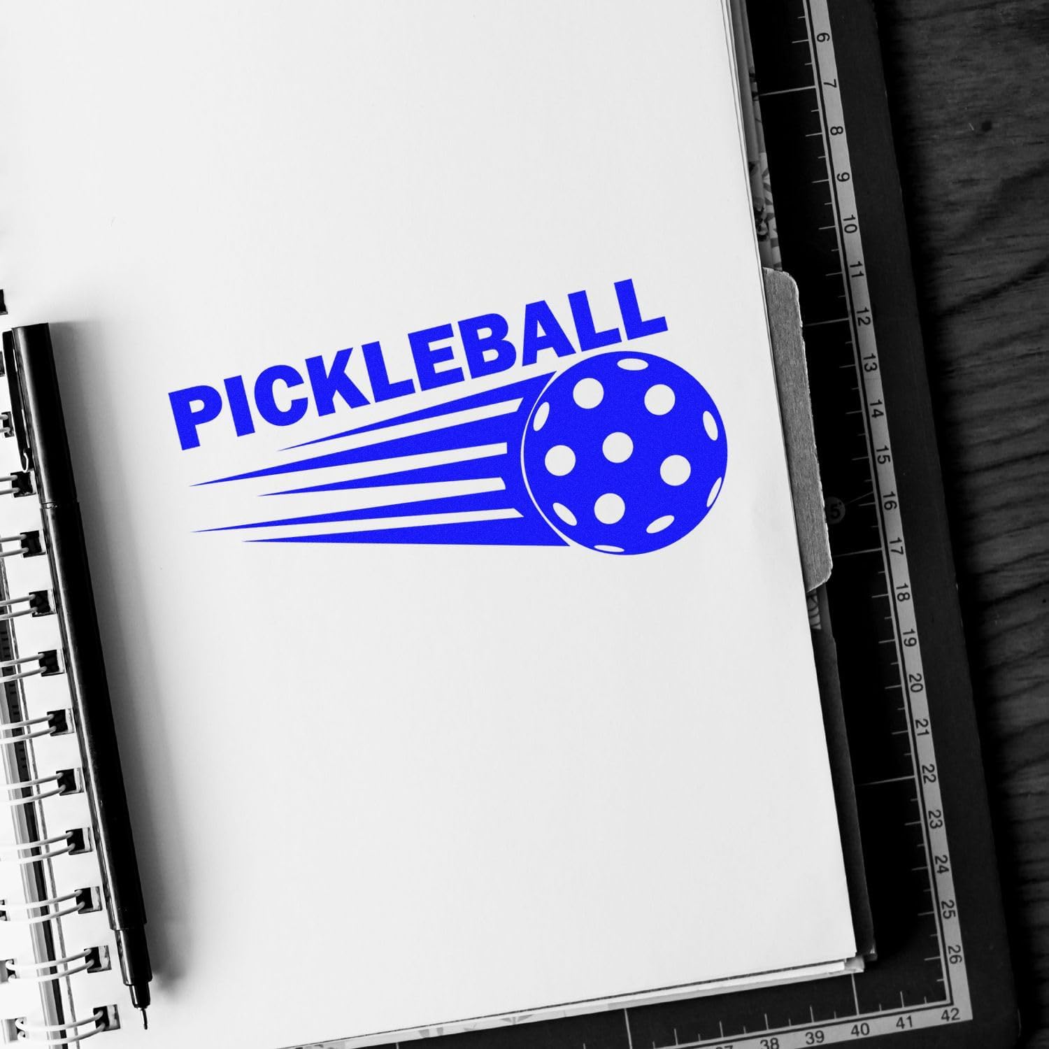 Pre-Inked Pickleball Stamp Standard 1-5/8" Square Wood Handle - Dynamic Design Personalized Rubber Professional Grade for Enthusiasts & Stationery Lovers