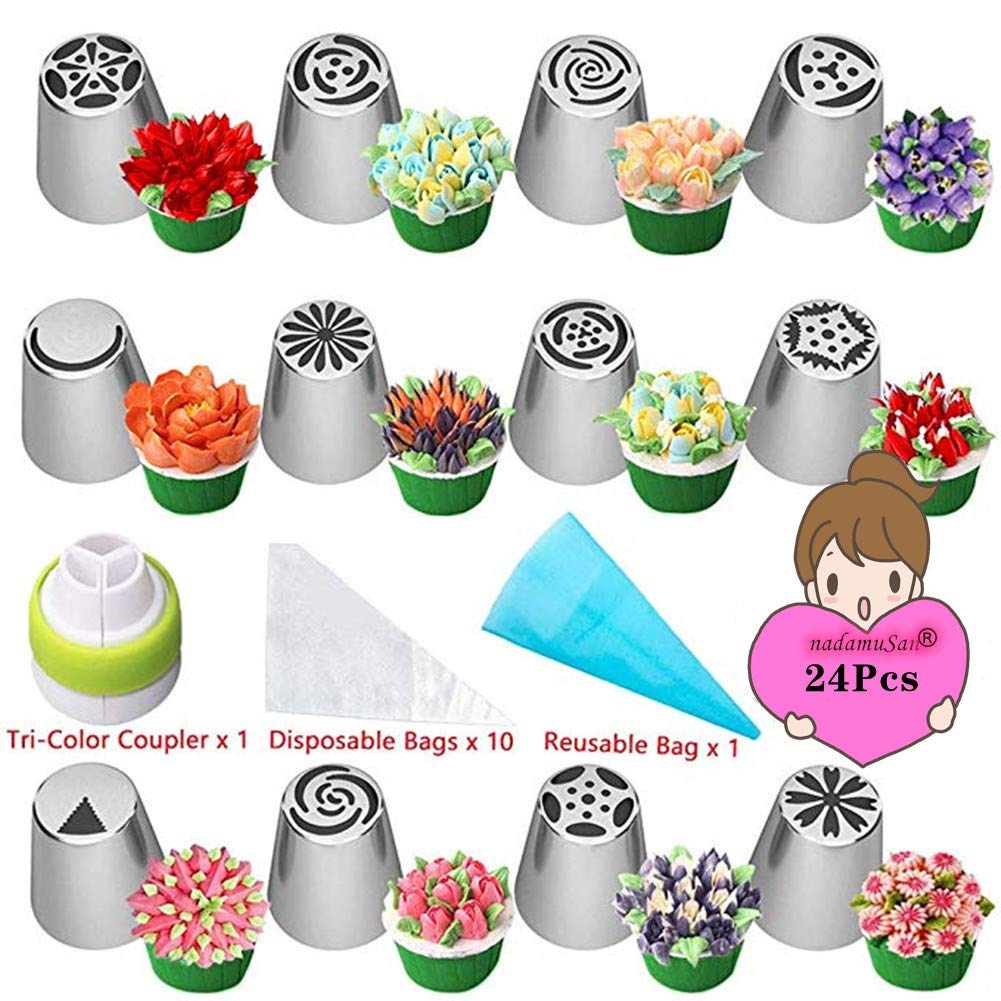 Russian Piping Tips Set, 24pcs Cake Cupcake Decorating Supplies Kit, Icing Nozzles Flowers Shaped, Frosting Bags and Tips Baking Supplies (24pcs Set)
