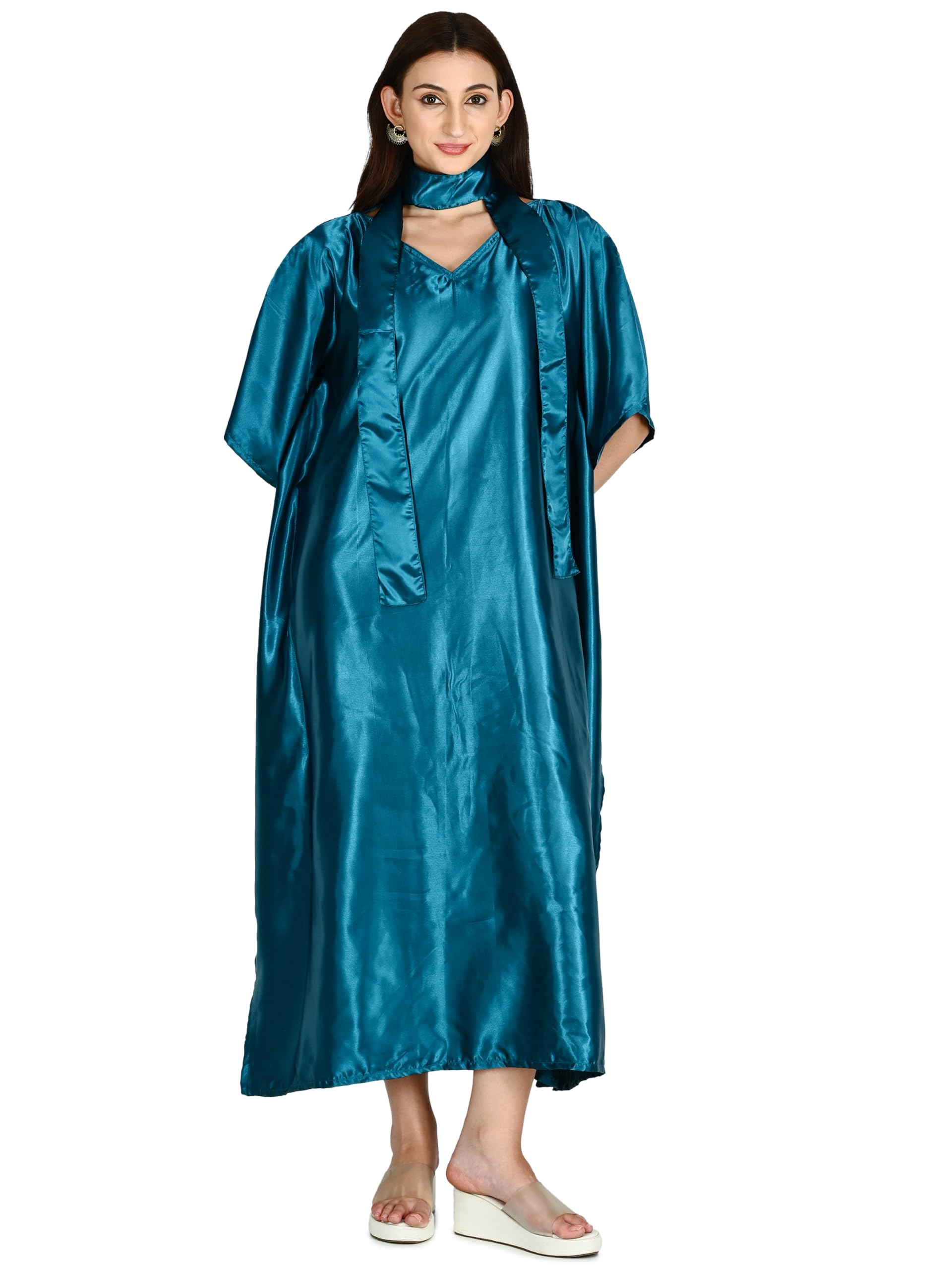 Stylish Peocock blue soft satin kaftan-image-24