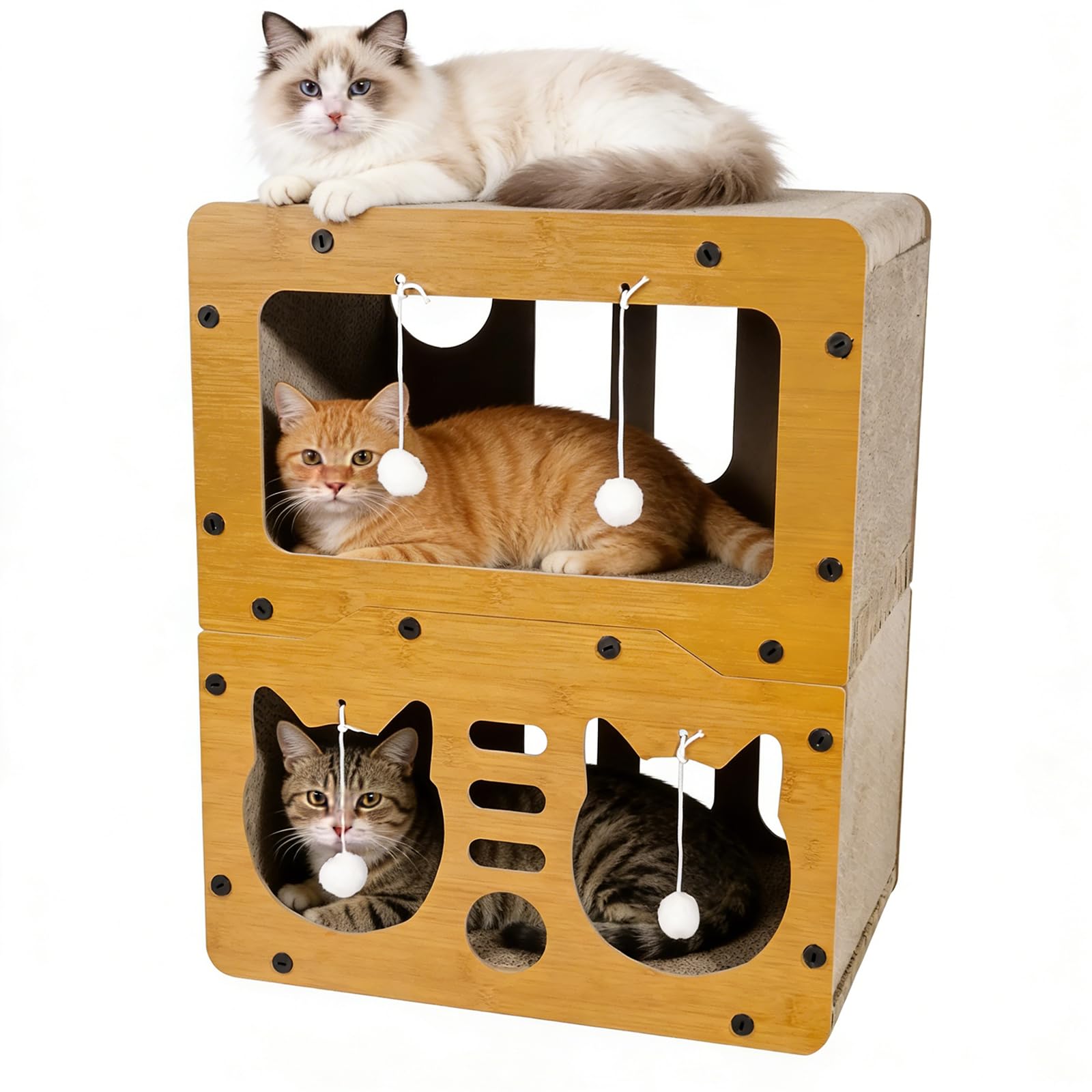 Tatqilo Cat Scratcher House, 2-Layer Cardboard Cat Scratcher House with Hanging Ball Toy, Cat Scratching Board for Indoor Cats, Large Cat Scratch for Scratch, Hide & Rest, Prevent Furniture Damage
