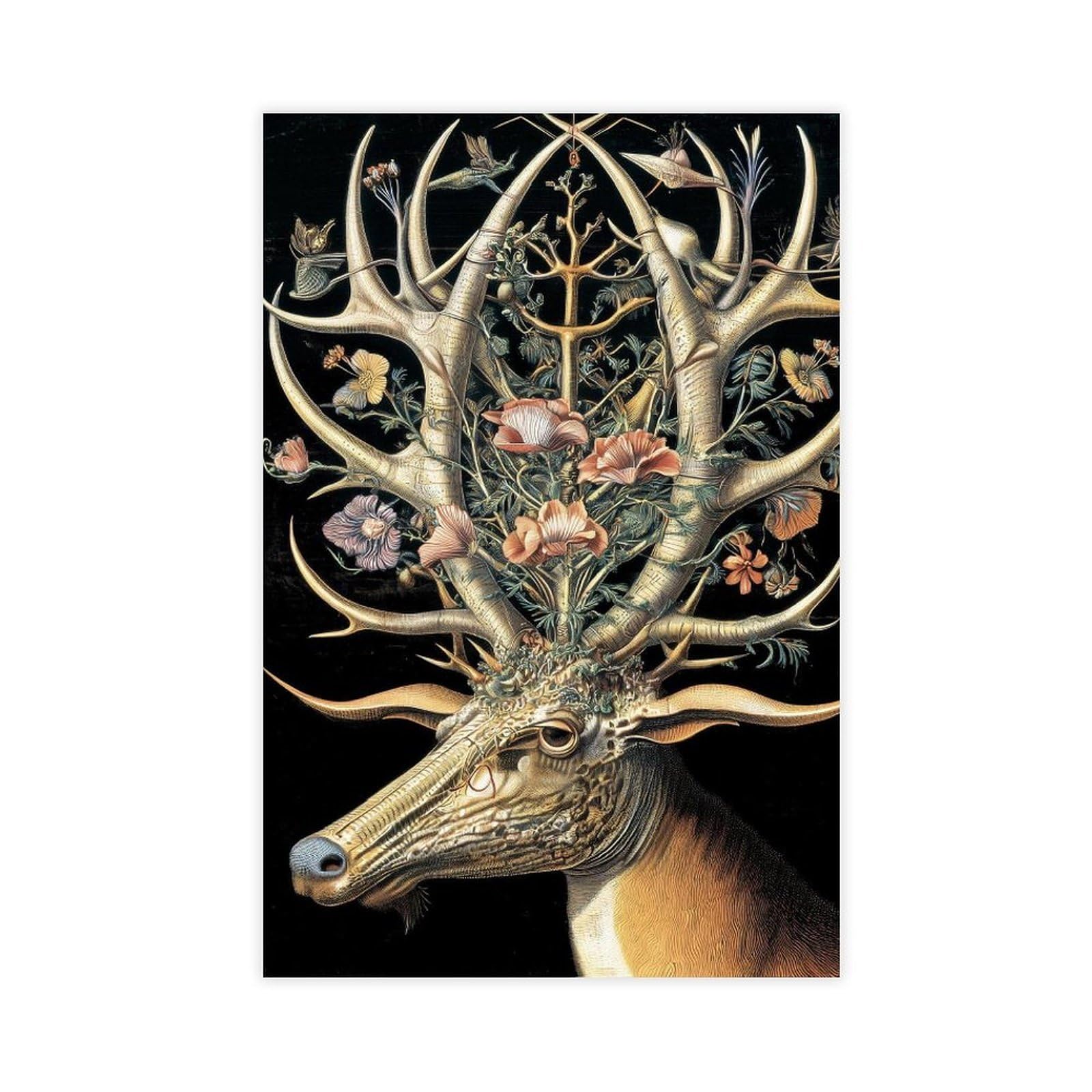 Asgrcn Unframe-Style Floral Antlered Deer Poster Canvas Poster For Home Decor Gift
