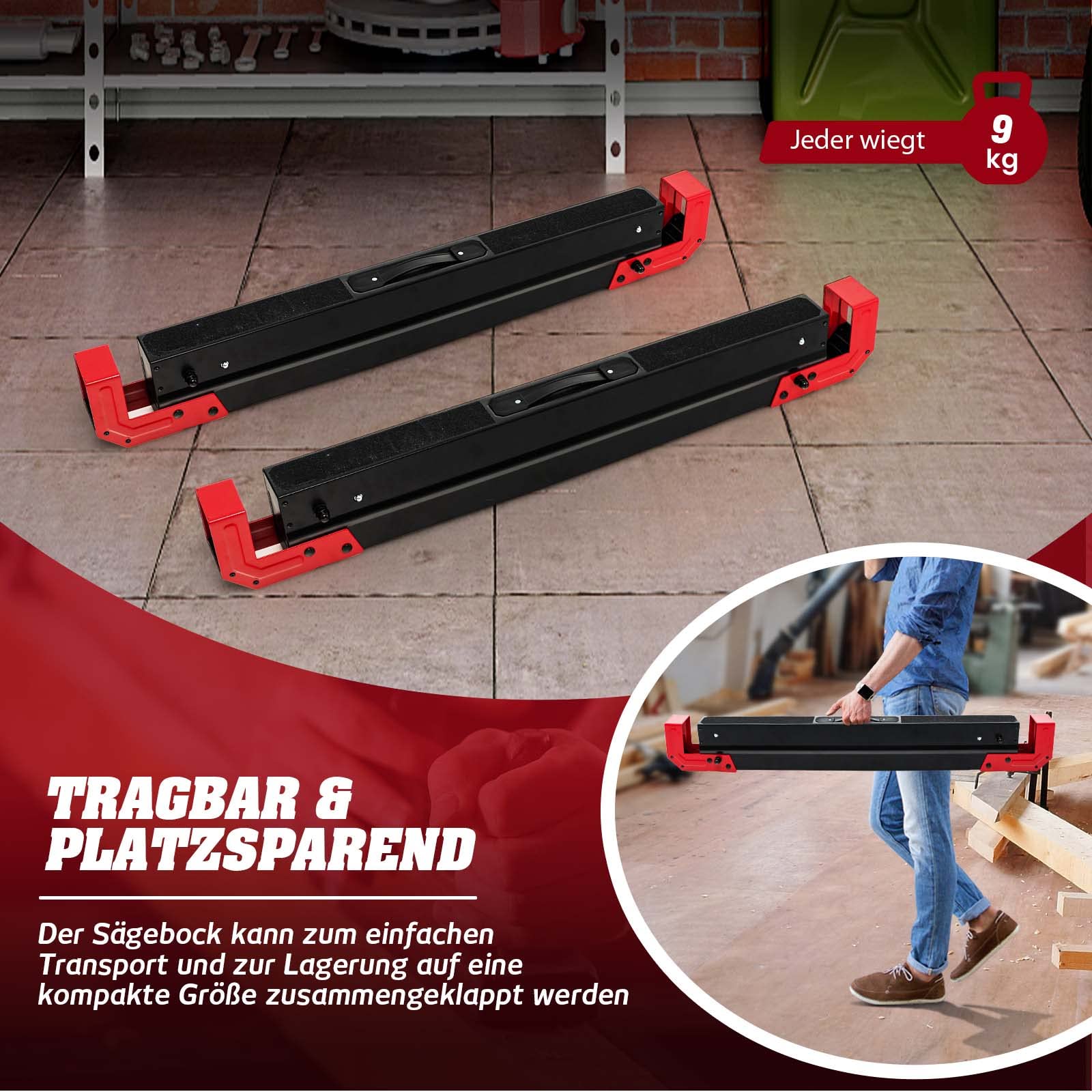COSTWAY 2 x ​Arbeitsbock höhenverstellbar, bis 1180 kg belastbar, Klappbarer Sägebock, Rutschfeste PVC-Oberseite, Tragbarer Unterstellbock mit Griff, Faltbarer Gerüstbock Klappbock (Rot+Schwarz)