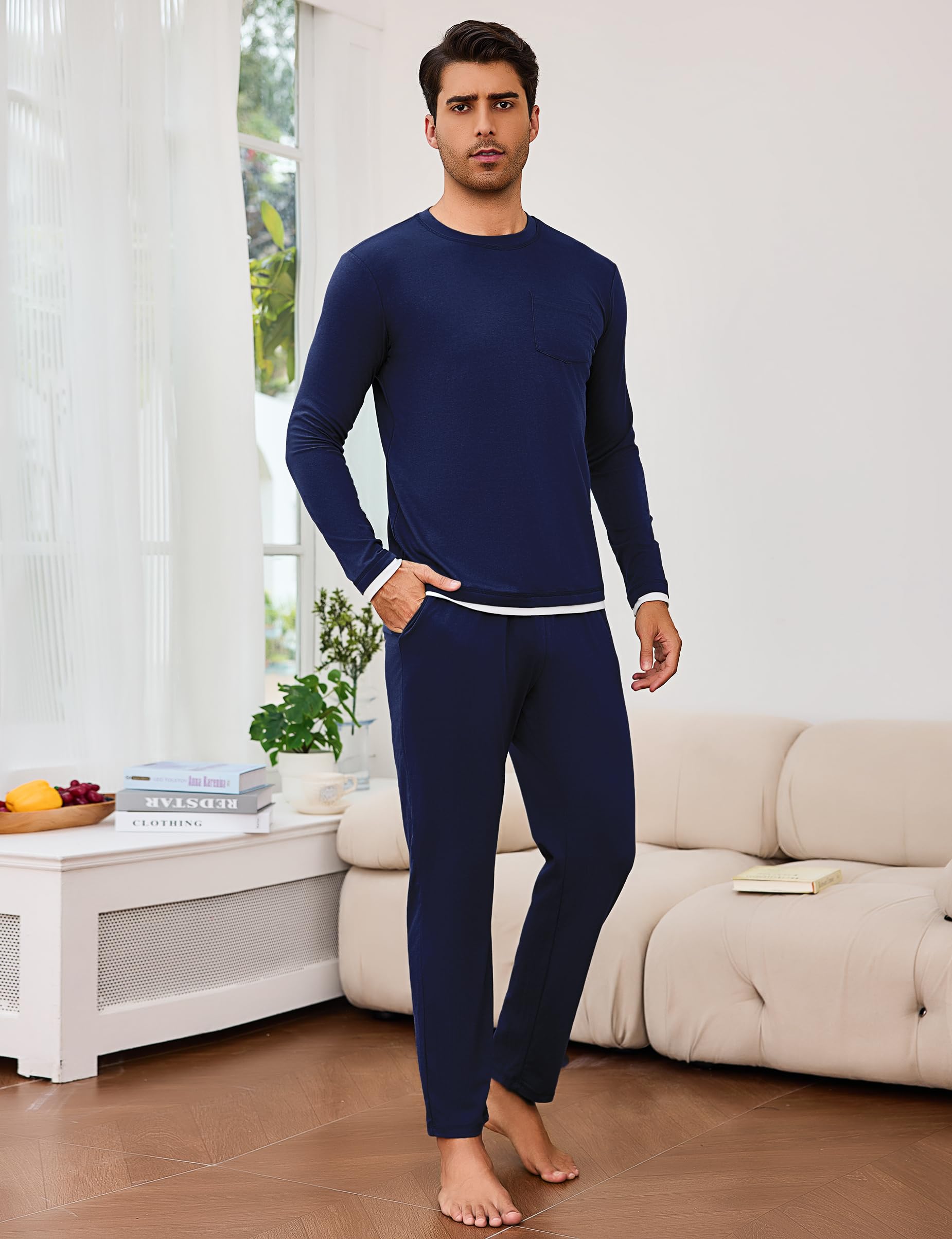 Litherday Pigiama Uomo Invernale Cotone Lungo Pajamas Due Pezzi Maniche Lunghe Pantaloni Lunghi Pigiami Morbido Loungewear con Tasche