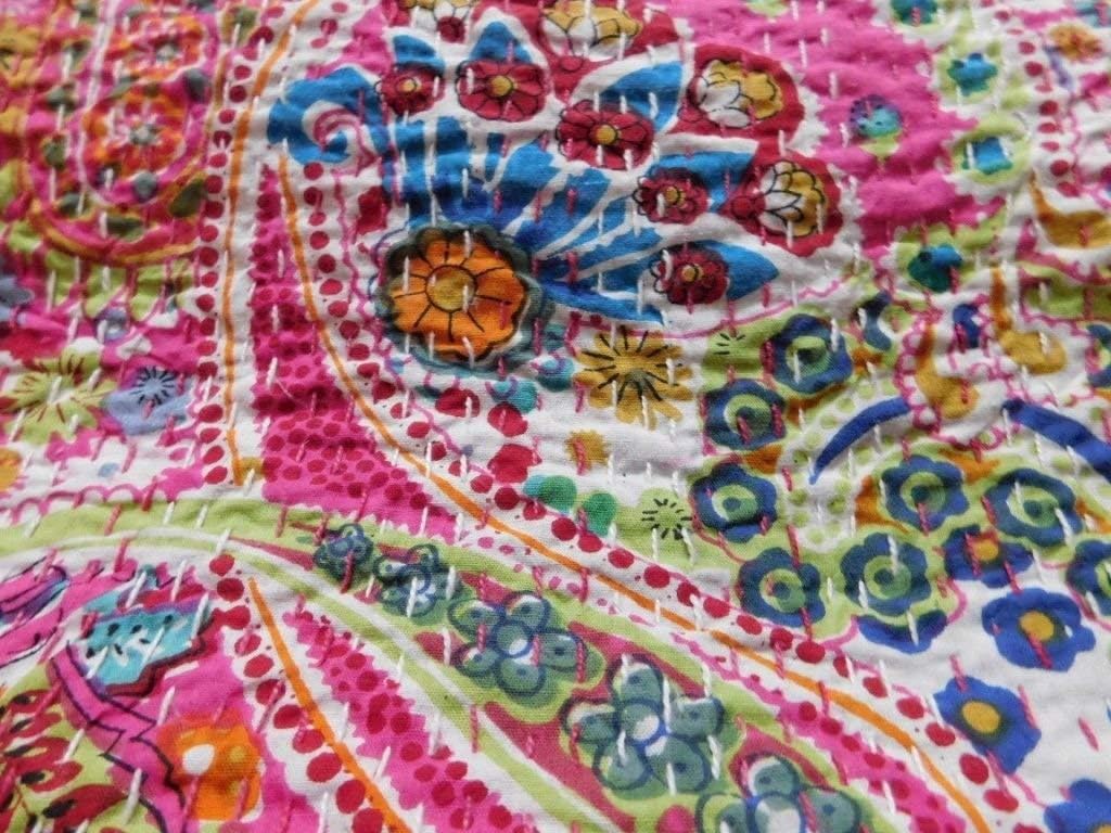 Pink Paisley Print King Size Kantha Quilt, Kantha Blanket, Bed Cover, King Kantha Bedspread, Bohemian Bedding Size 90x 108 Inch