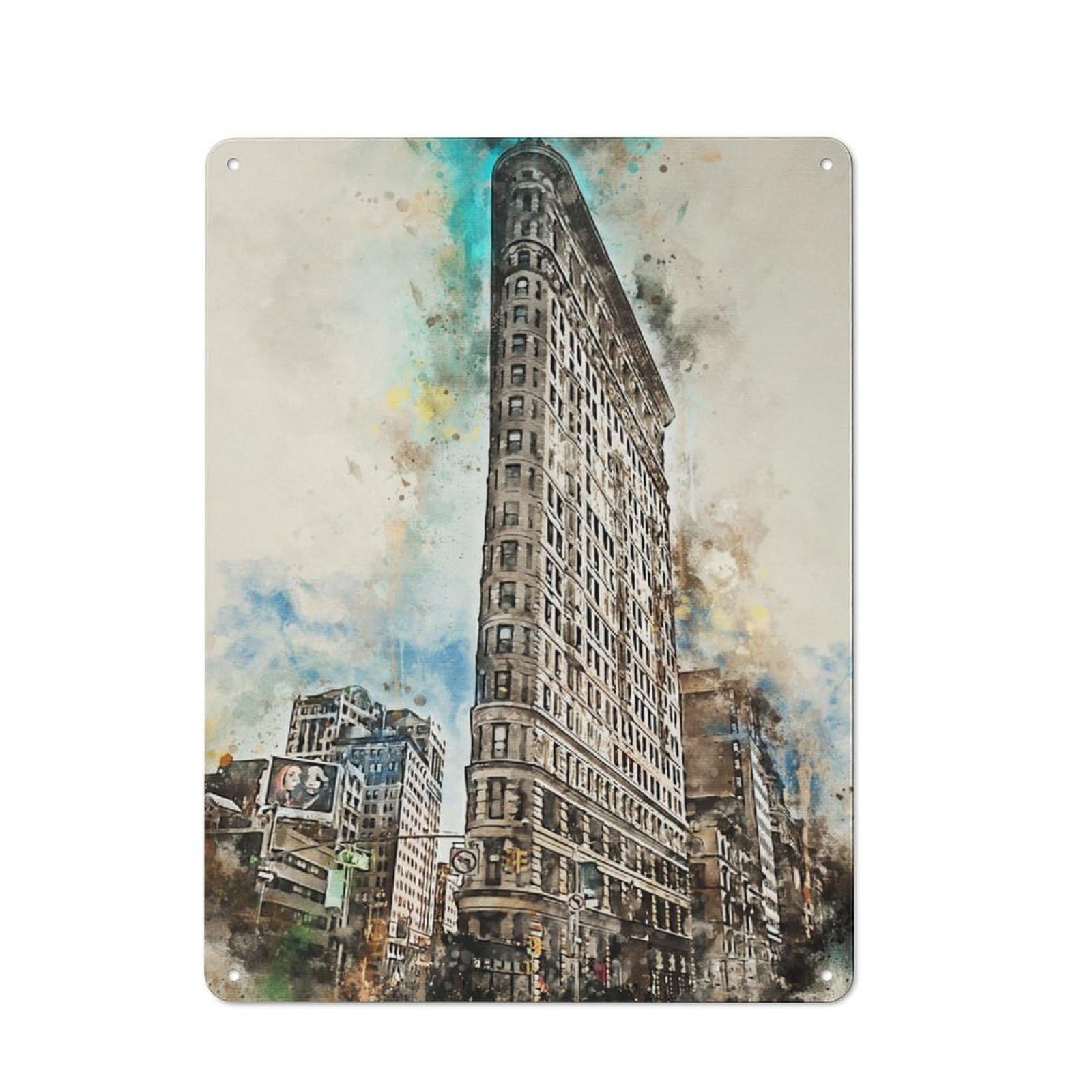 Bistro Style Bistro Metal Sign 40x30cm Featuring New York in Watercolor 4, Shop Wall Decor for Takeaway, Bar, Kitchen Or Counter Area