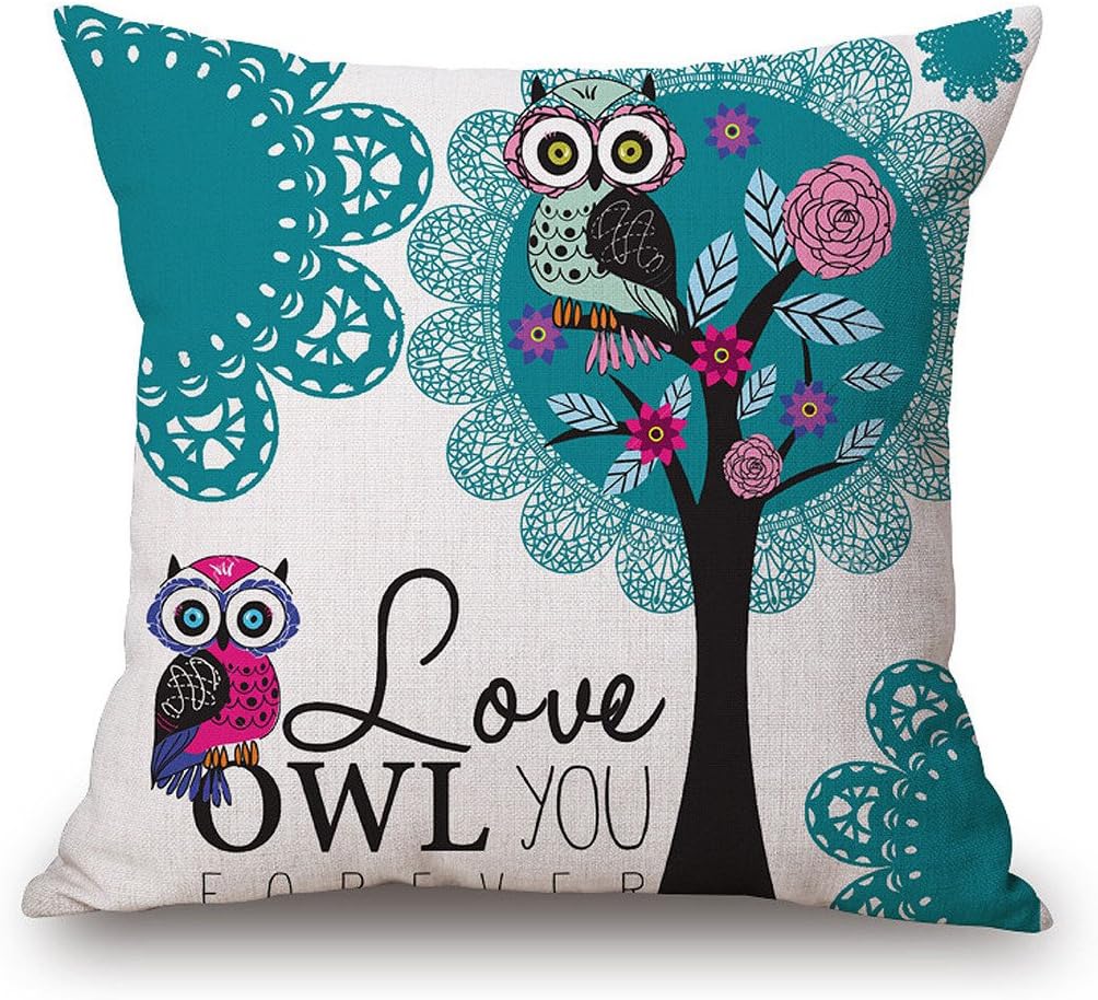 JES&MEDIS Owl Print Square Pillow Case Linen Cotton Home Decorative Cushion Throw Pillow Cover 18 x 18 Inches