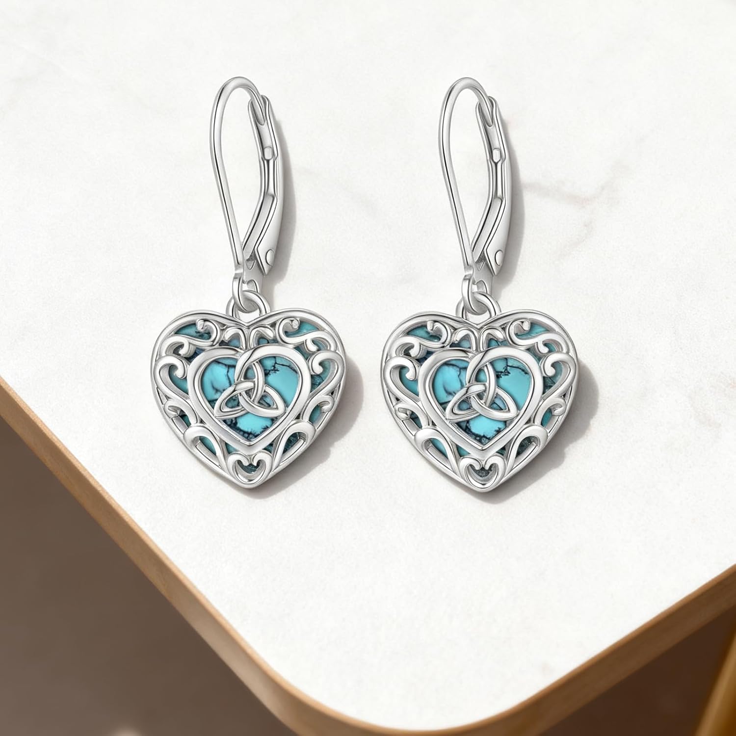 Turquoise Earrings for Women Sterling Silver Celtic Knot Heart Dangle Earrings Filigree Drop Leverback Jewelry Mothers Day Gifts - Image 5