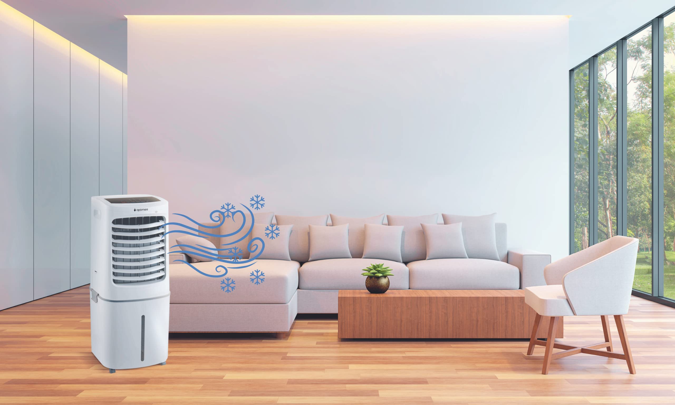 OPTIMEA ORA-440D Rafraîchisseur d'air XXL 44L, spécial pour les très grandes pièces et commerces sans évacuation d'air mode nuit, débit d'air 798 m³/h, capacité d'humidification 3L/h