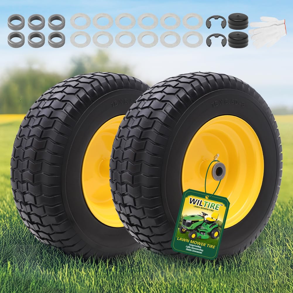 Wiltire Tyres and Wheels 16 x 6.50-8 (Pack of 2) - Flat Tyres for Lawnmowers with Rim, Solid Rubber Tyres and Wheels - 3" Wheel Hub - Hubs