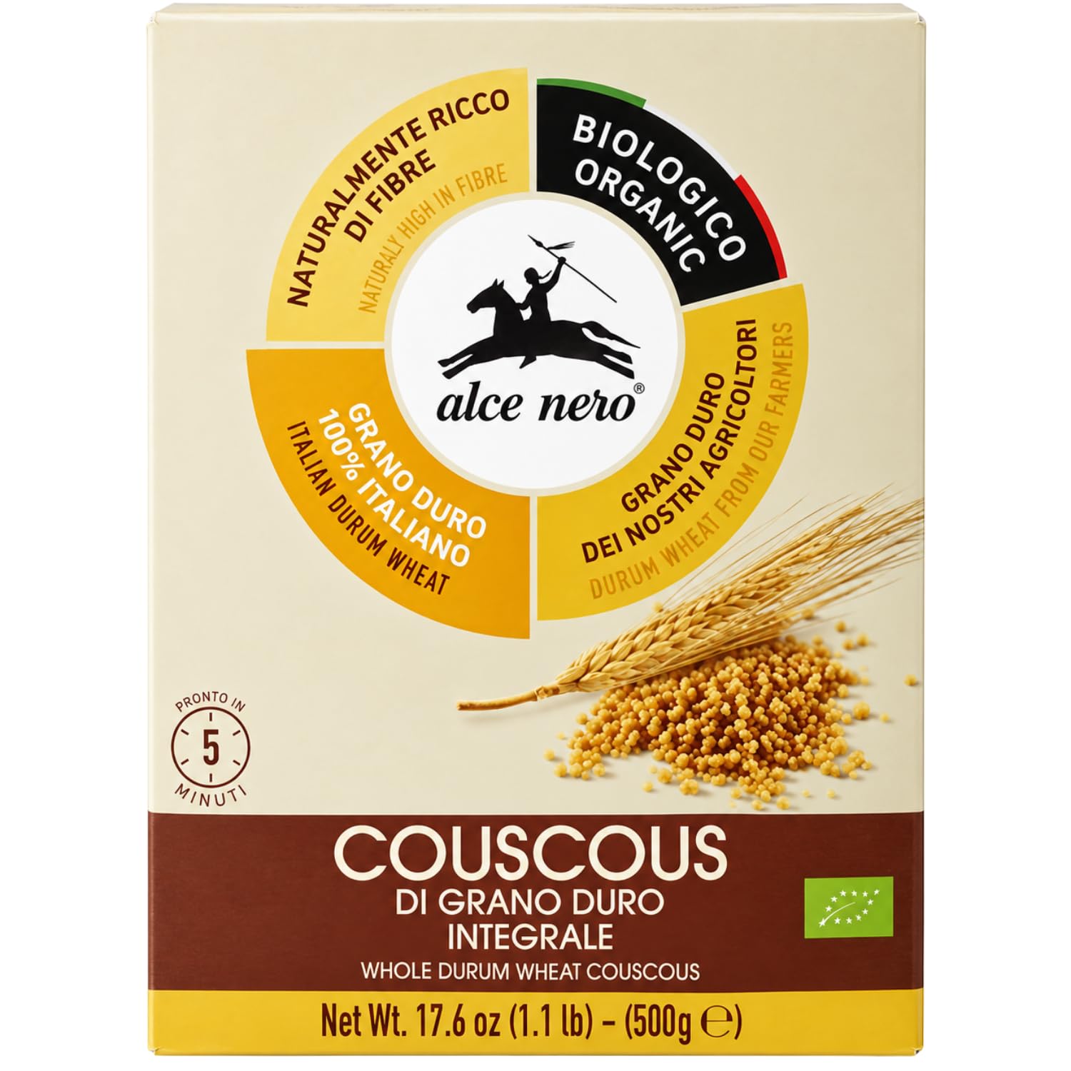 Cous Cous Integrale Biologico di Grano Duro Italiano 500 g, Naturalmente Ricco di Fibre, Pronto in 5 Minuti – Variazioni 4/8/12 Pezzi (12 PEZZI)