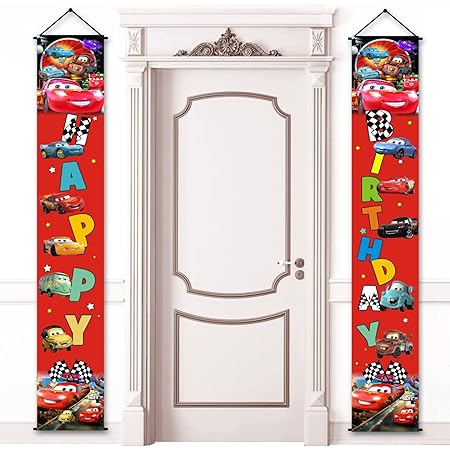 Amazon.com: 2Pcs Lightning Mcqueen Birthday Porch Sign Door Banner ...