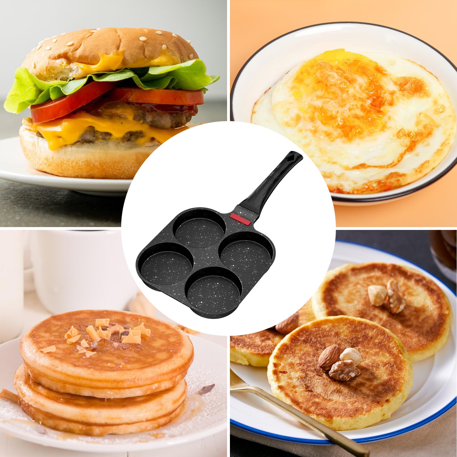 Traxenta padella pancake, pentola pancakes, frittata a 4 fori in alluminio, antiaderente padelle, padellino per uovo con rivestimento antiaderente, per frittata colazione, per Gas (Nero)