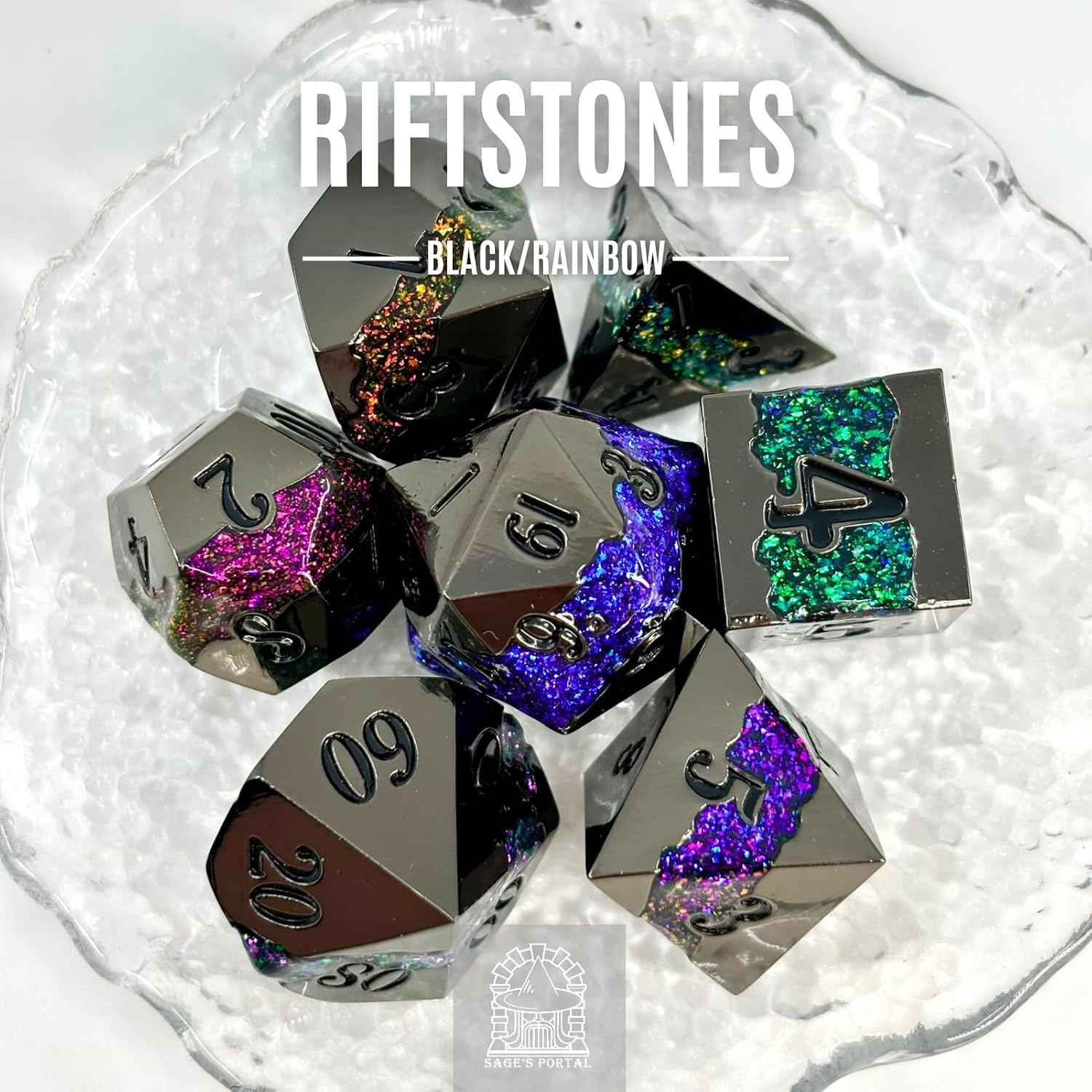 Sage's Portal Metal Riftstone DND Dice 7-PC Polyhedral Dice Set for DND TTRPG Dungeons and Dragons Pathfinder Oversized Designer Dice (Gloss Black/Rainbow)
