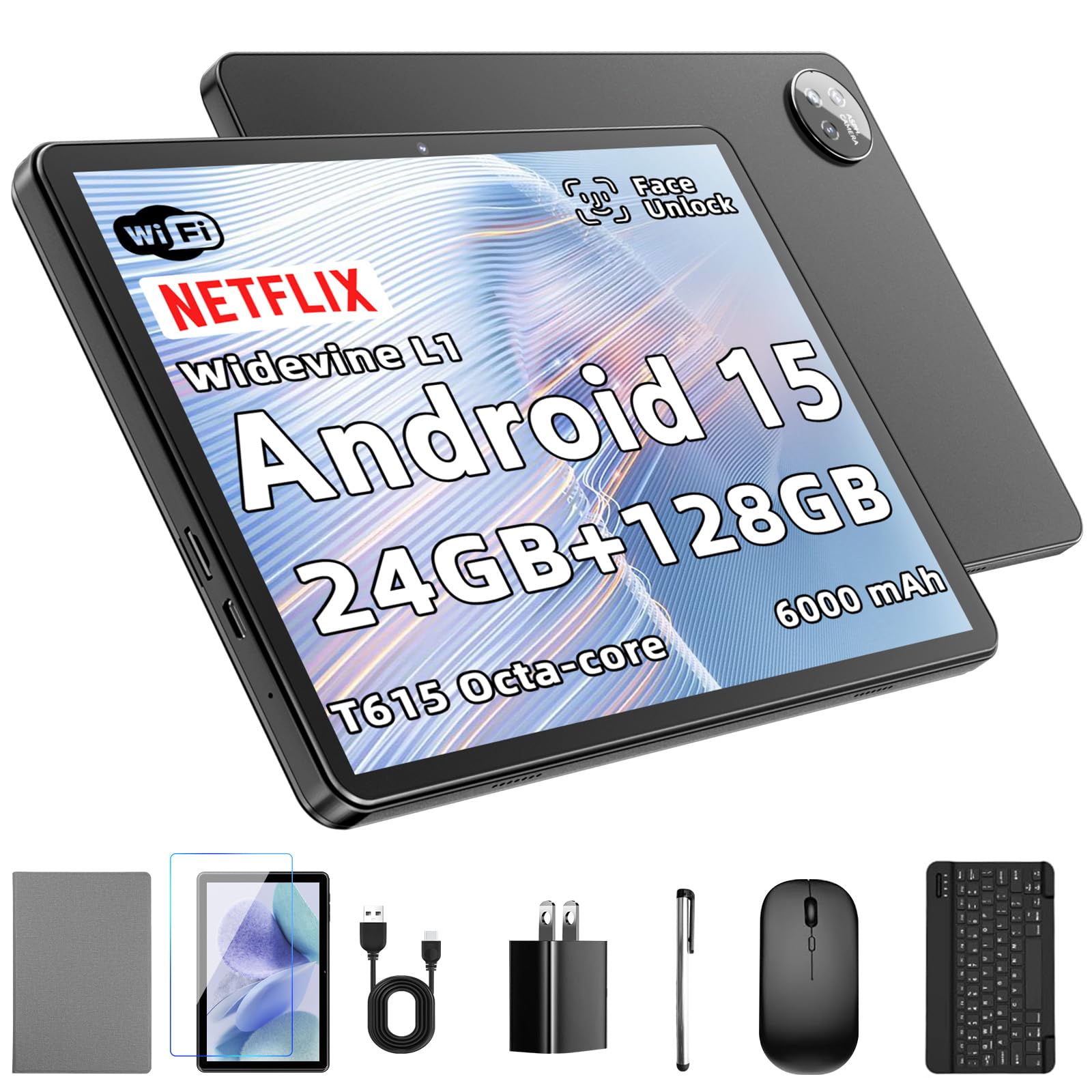 Tablette 10 Pouces Android 15 : 24 Go RAM + 128 Go ROM (Jusqu'à 1 To), Processeur Octa-Core, écran IPS HD 1280x800, Caméras 5MP+8MP, Batterie 6000 mAh, Clavier, Souris, Widevine L1 (Noir), Gemini AI