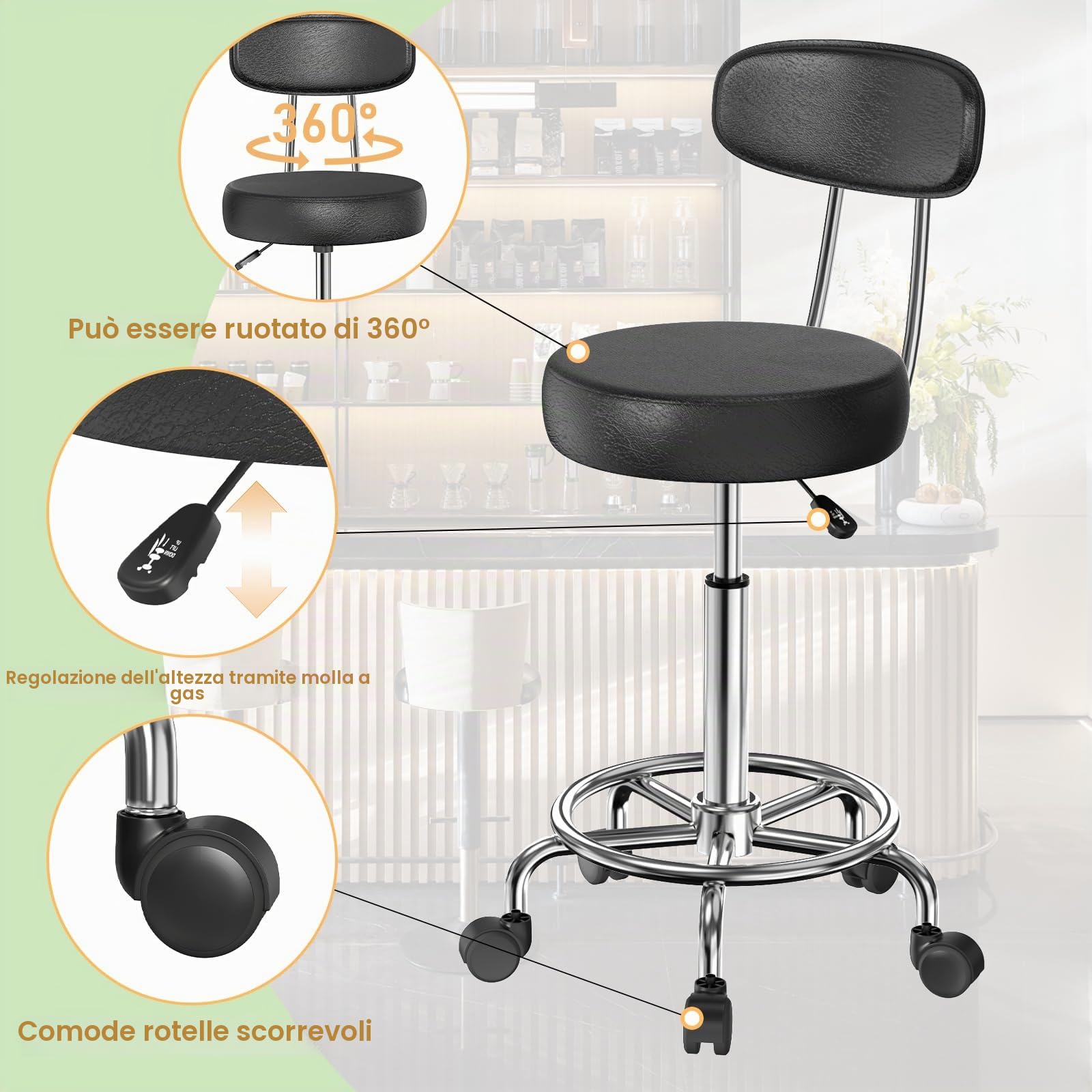 2 Sgabello con Ruote, Nero Sgabelli Regolabile in Altezza per Casa Studio | Sgabello Girevole Regolabile 48-63 cm, Braccio di Sollevamento Pneumatico a 3 Posizioni, per lavoro Spa Negozi Massaggi