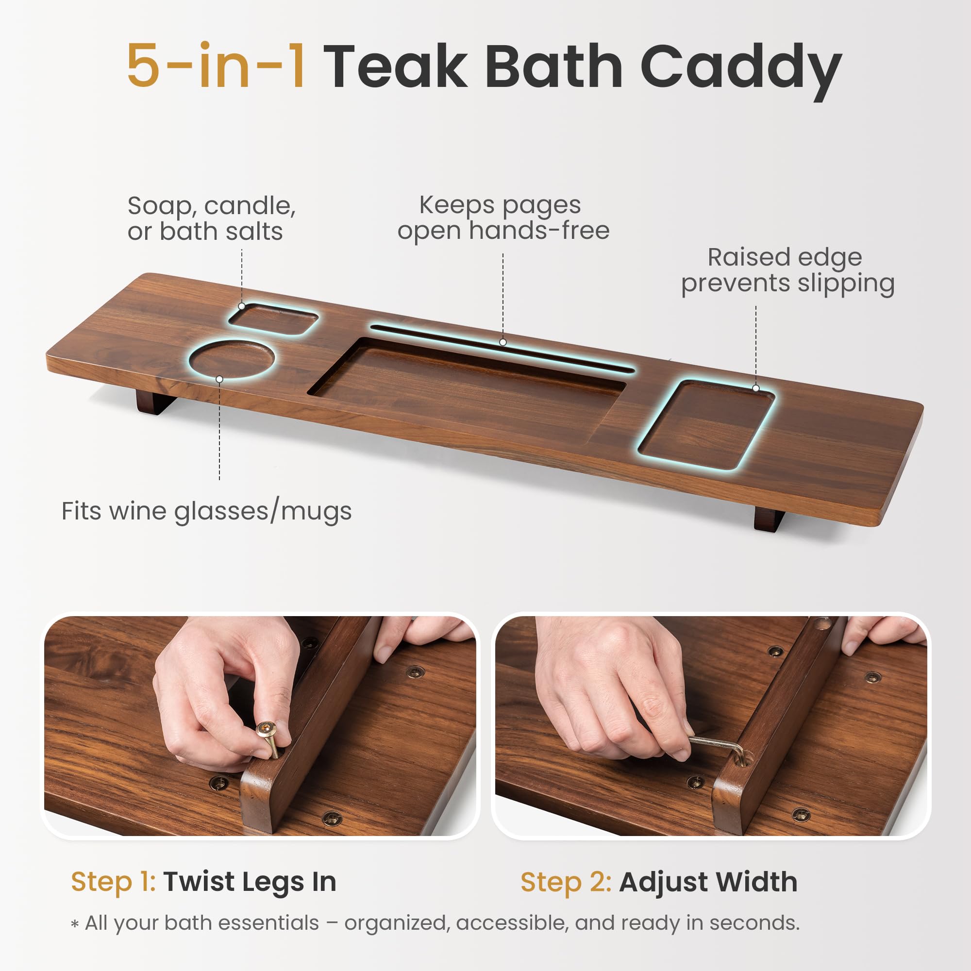 Bandeja de bañera de madera de teca, bandeja de bañera ajustable de 35 pulgadas para bañeras independientes, con soporte antideslizante para teléfono y copas de vino, soporte para libros para baño