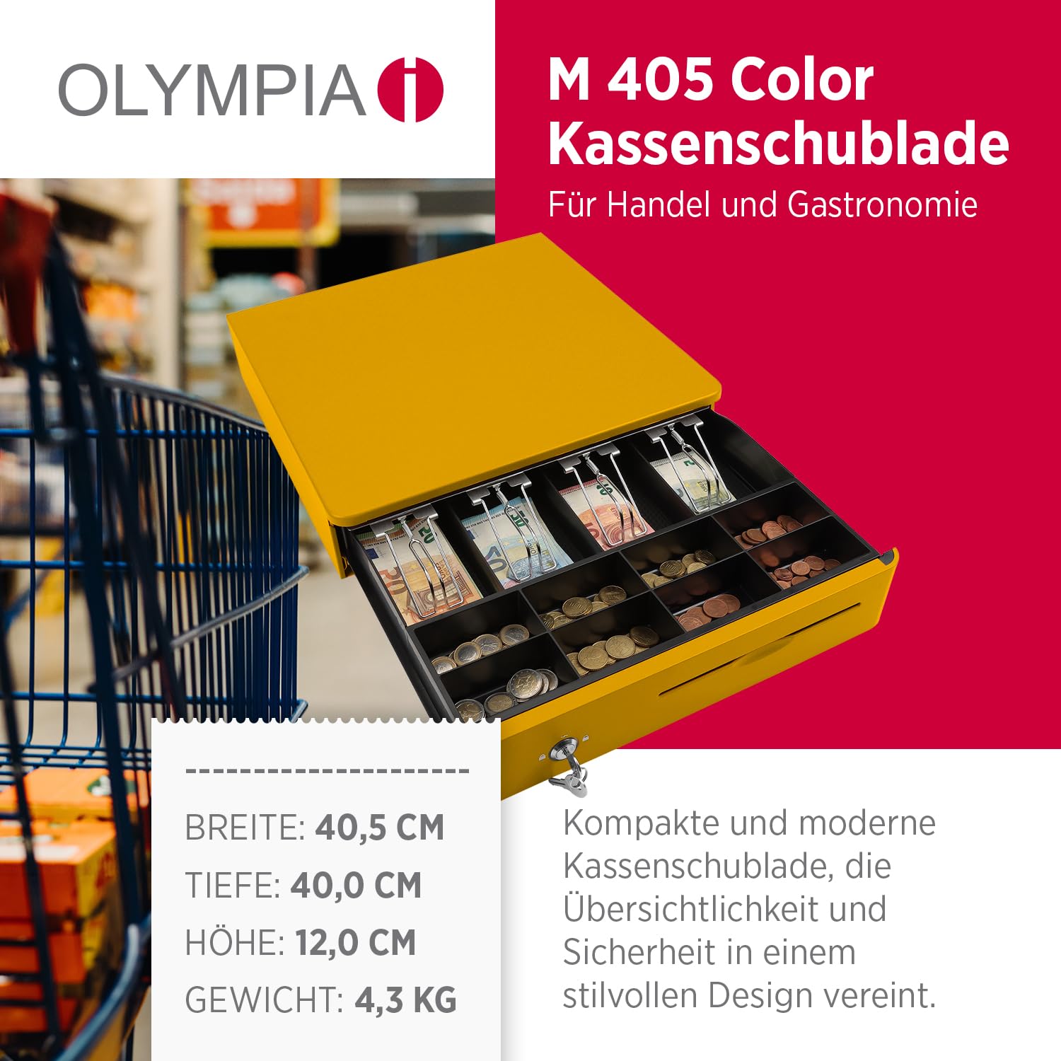 Olympia M 405 amarillo | Cajón para efectivo con 8 compartimentos para monedas y 4 compartimentos para billetes | robusta base de metal | caja registradora con cerradura y conector RJ11/RJ12