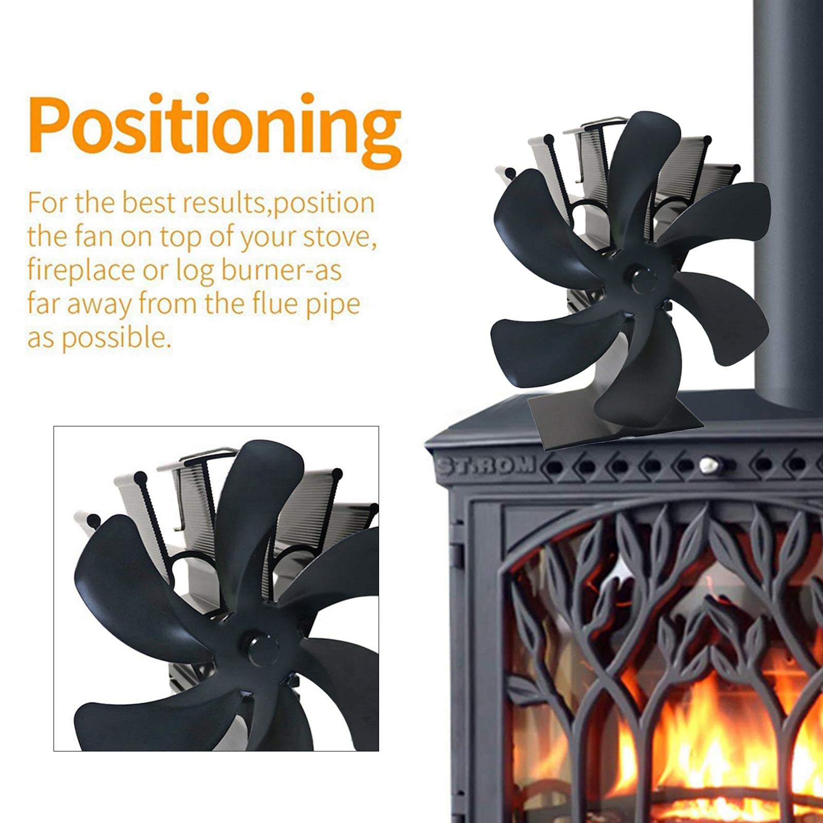 Ventola Termica Per Camino 180Mm 6 Pale | pale in alluminio, base antiscivolo, temperatura max 350°C