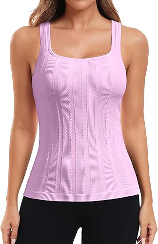 ATTRACO - Camisetas sin mangas de entrenamiento para mujer, camisetas de gimnasio de longitud completa, camiseta atlética para yoga con brasier