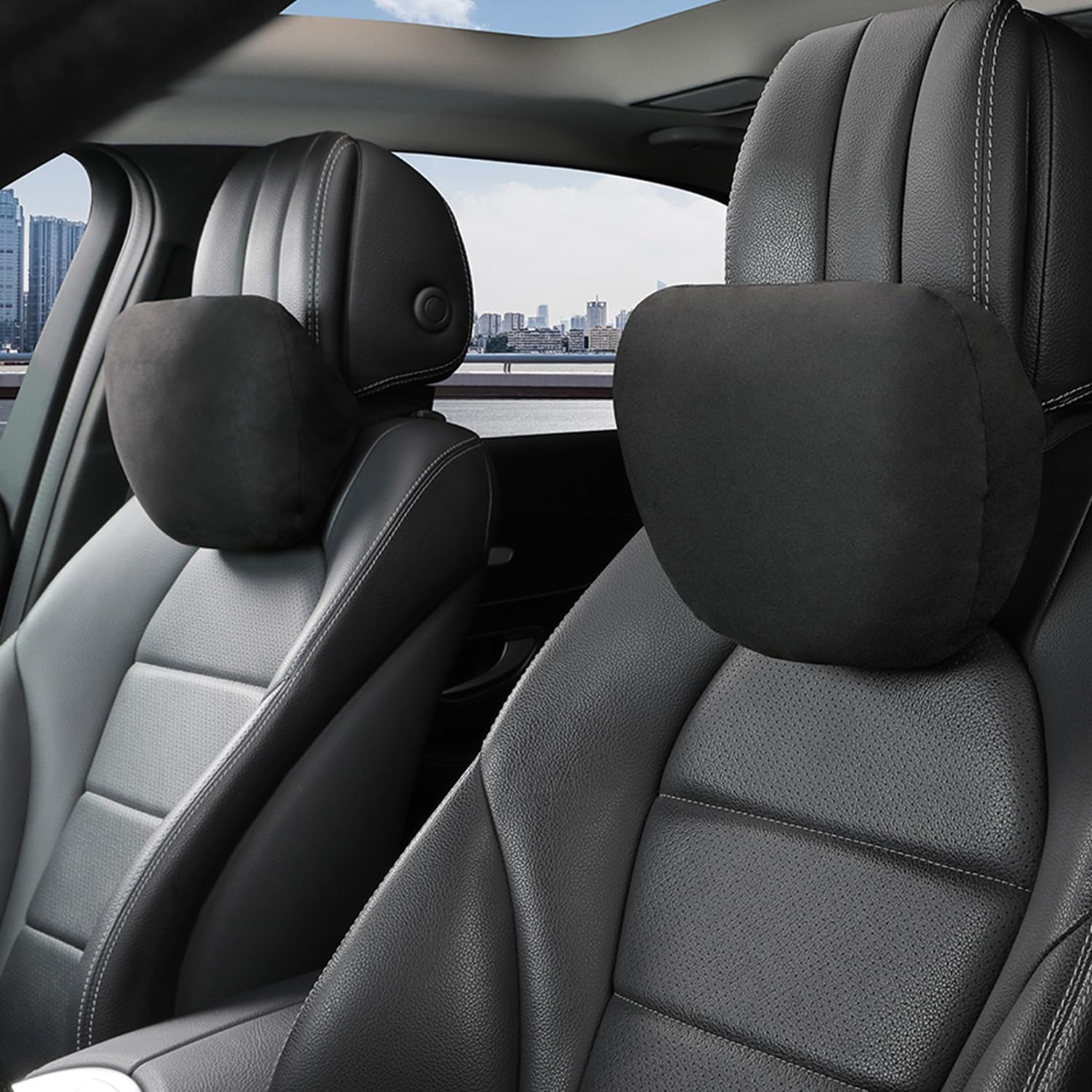 2pcs Car Neck Pillow for headrests,Support Drive Seats Head Cushion Pillows,Superfiber Suede,Plant-Based Polyester,Thickness & Height Adjustable,11.8x7.5,Inner Liner fillable (Black Color)