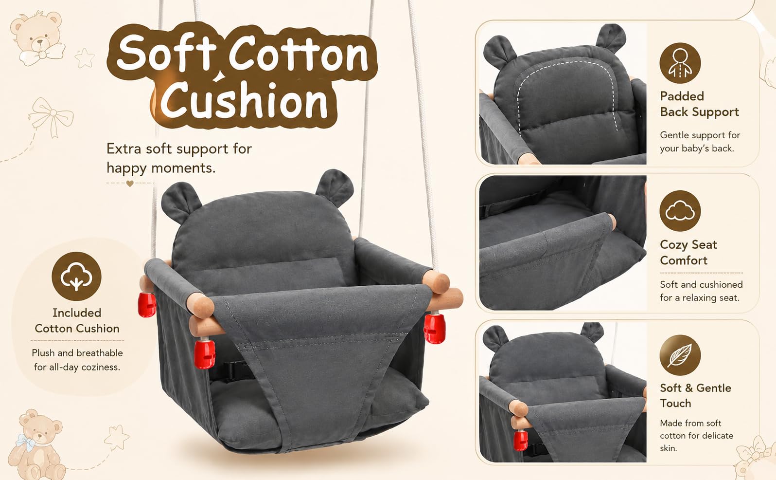 Columpio para bebé de madera, columpio infantil con cinturón de seguridad