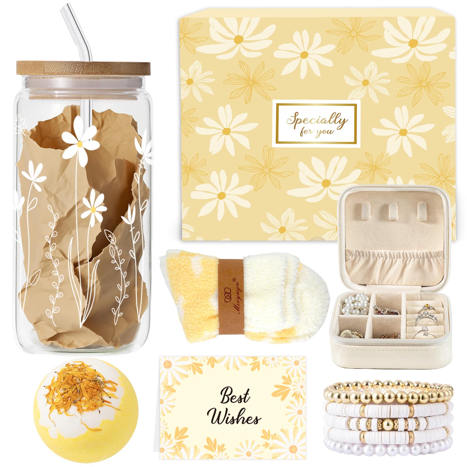 Gifts for Girls Teenage 8 9 10 11 12 13 14 Year Old, Graduation Birthday Gifts for Girls Teen Age 7-15, Glass Cup with Lid and Straw, Socks Bracelets Bath Bomb Jewelry Box,Flowers Coffee Cup Presents