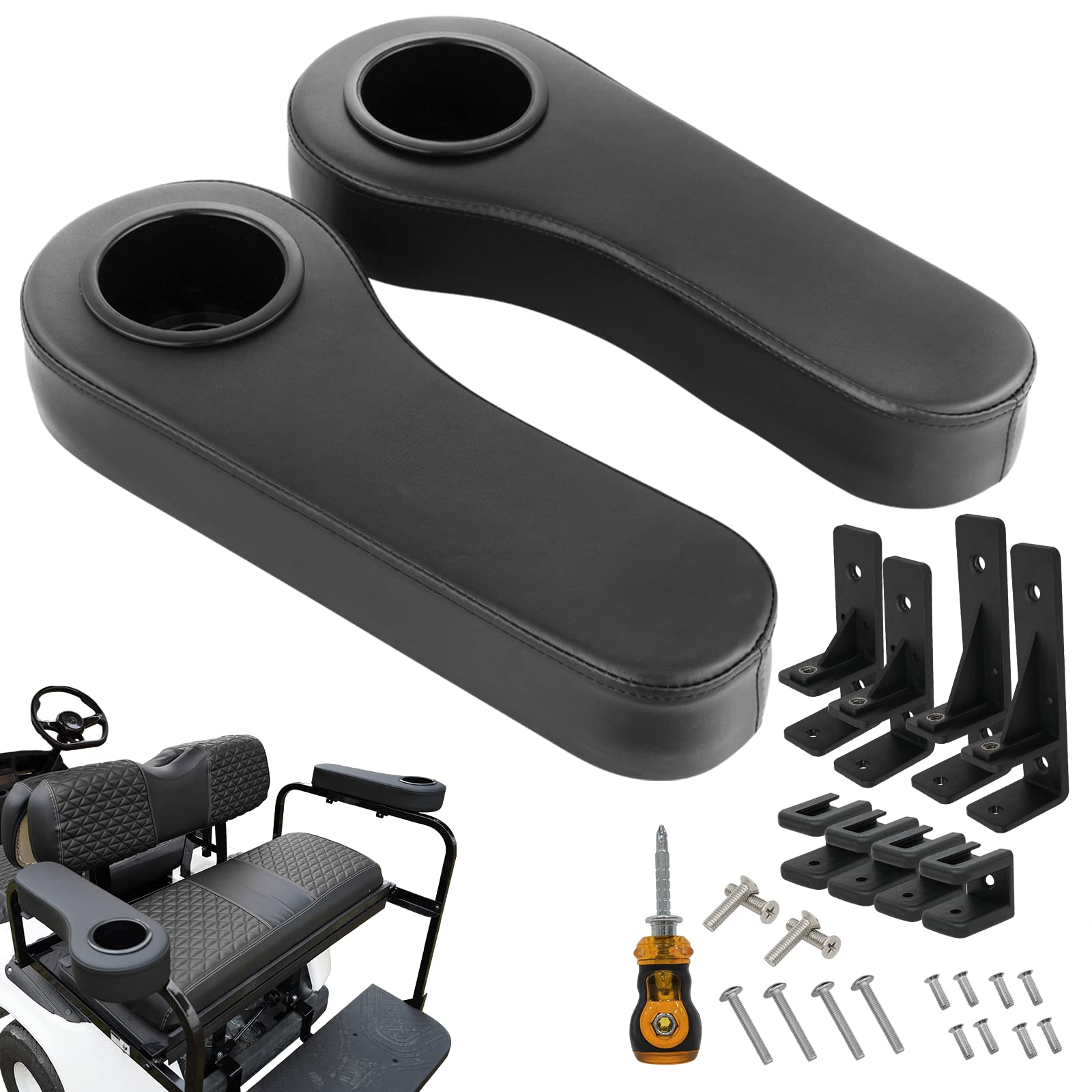 XUANYUDG0769 Golf Cart Armrest with Cup Holder for EZGO TXT Club Car DS Precedent and Yamaha Rear Seat Kit, Upgrade Support Frame/No Need Drilling Arm