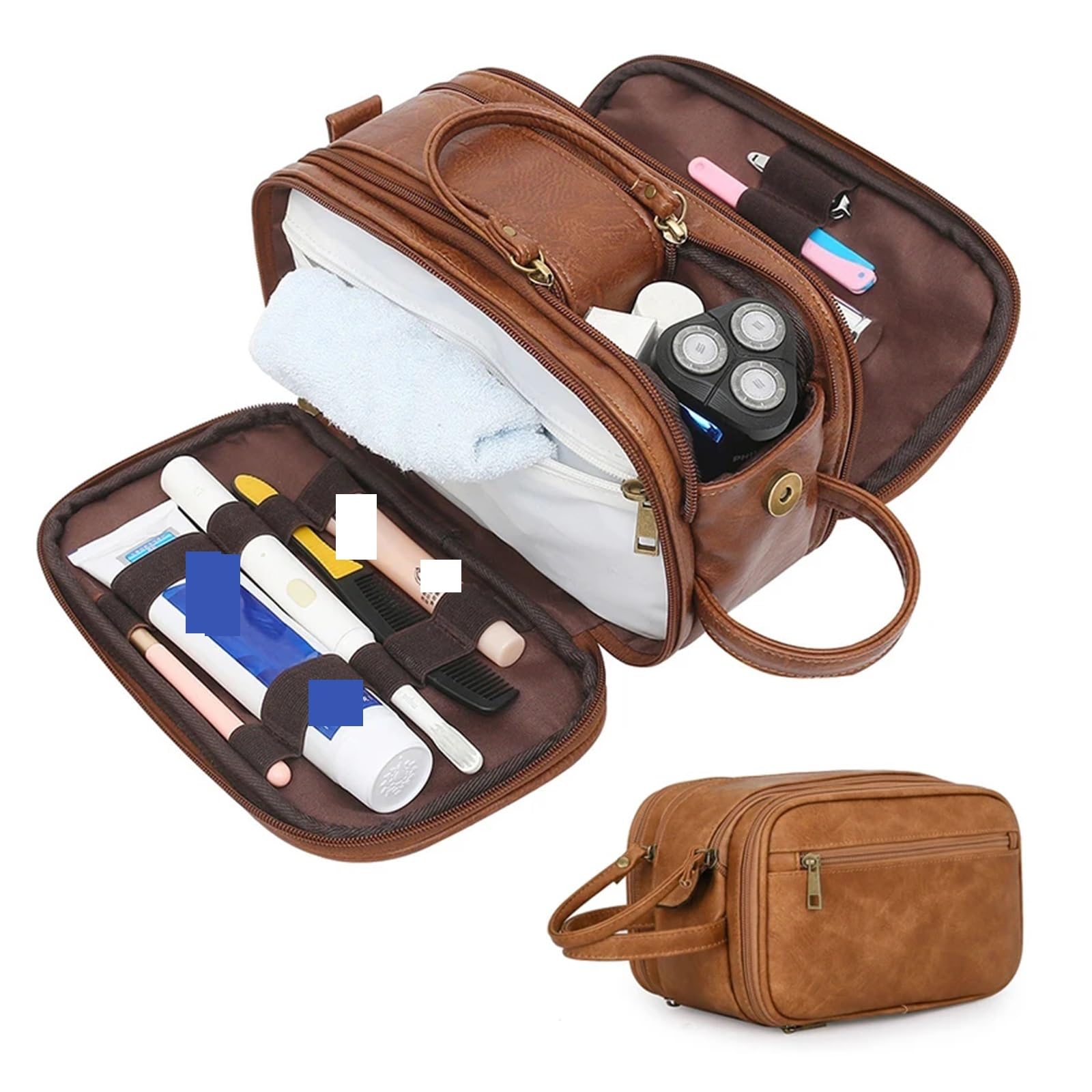 Neceser de Cuero Business Water-Resistant Toiletry Bag For Men Travel Wash Shaving Dopp Kit Bathroom Makeup Organizer with Wet Dry(Color 2)