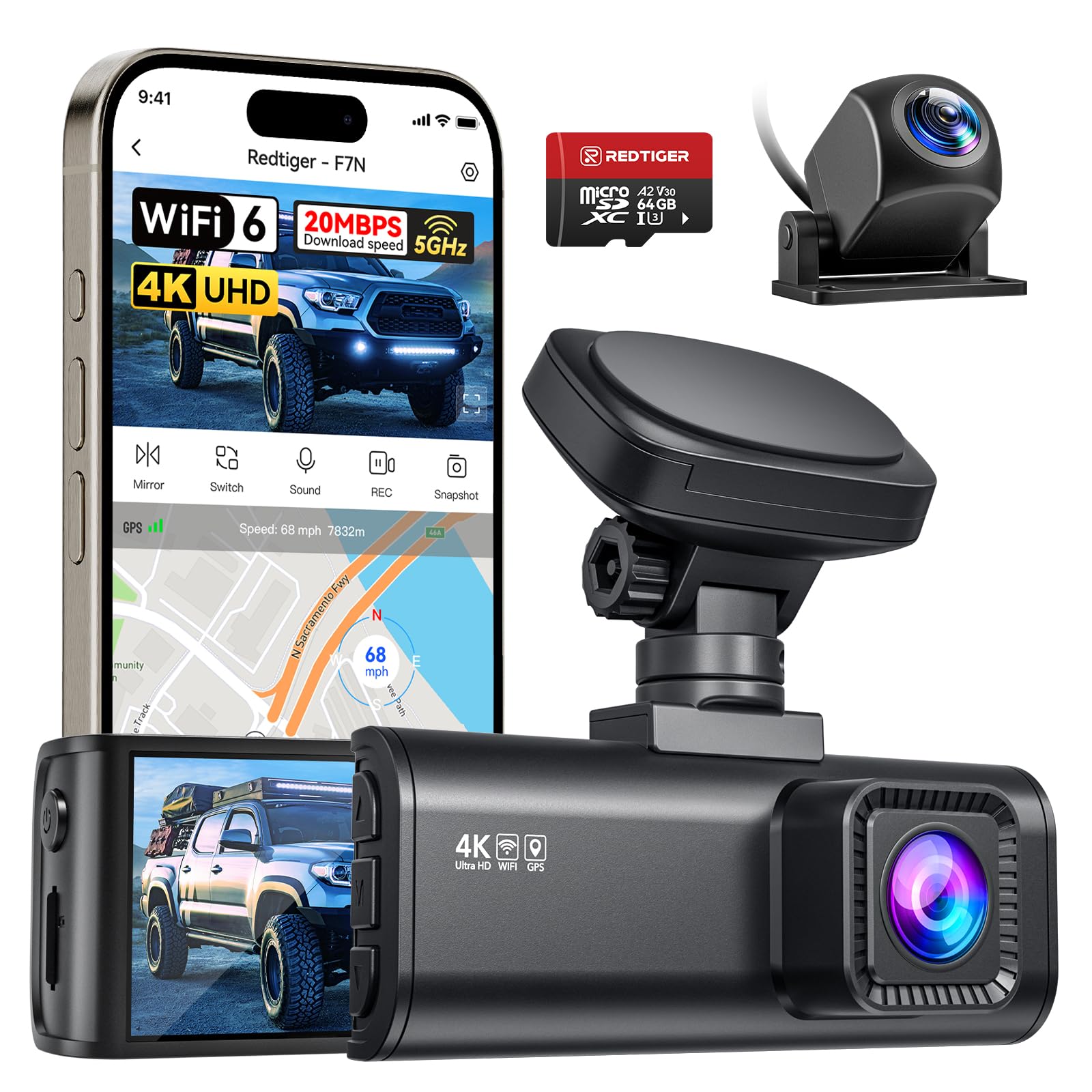 REDTIGER 4K Dash CAM con WiFi GPS Frontal 4K y Trasera 1080P Dashcam, Tarjeta de 64G Incluida, Pantalla de 3,18 Pulgadas, Grabadora de Cámara de Gran Angular de 170°, Monitor de Estacionamiento