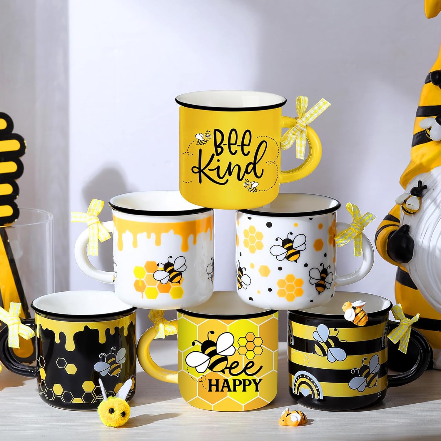 SiliFine 6 Pcs Bee Mini Coffee Mugs Spring Summer Kitchen Decor Bee Gifts for Women Farmhouse Summer Tiered Tray Decor Rustic Yellow Black Mini Cups with Ribbon for Home Desk Table Centerpiece