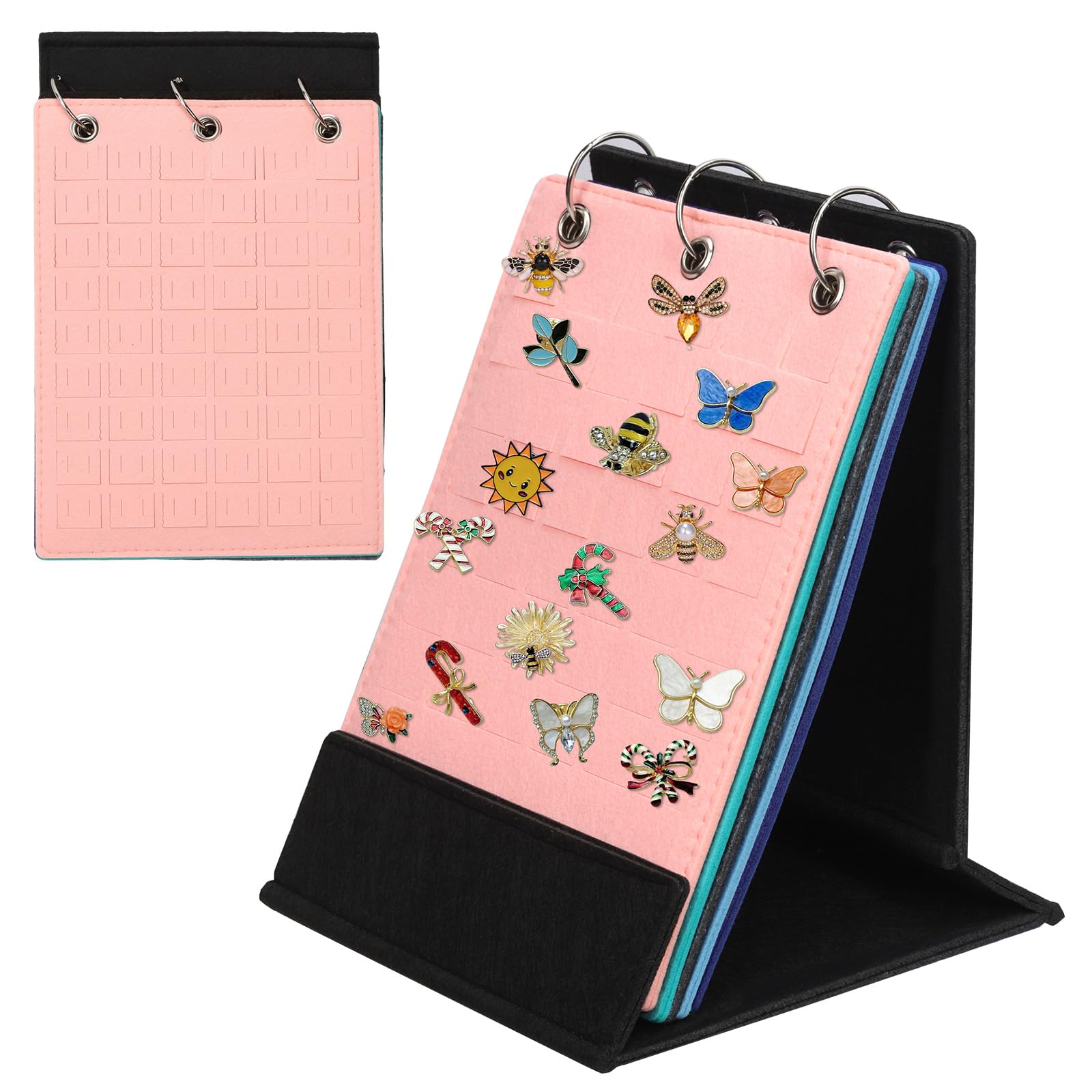 Mardatt 1Pcs Pin Display Holder Stand, Colorful Brooch Organizer for 240 Pins, Enamel Pin Display Board with With 3 Binders and 5 Pages, Tabletop Pin Collection Storage Rack for Badges Jewelry