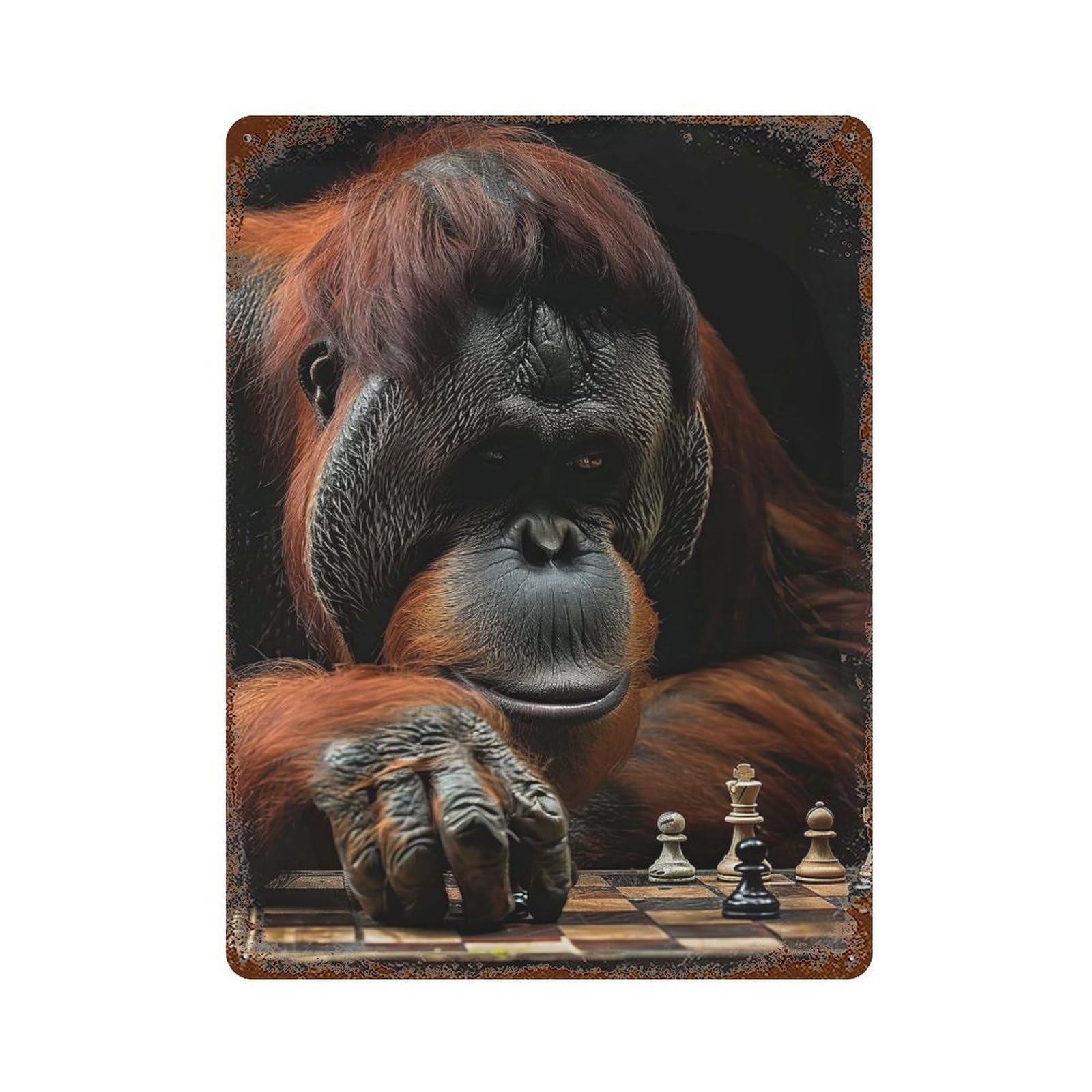 Orangutan Chess Vintage Rust Metal Sign 15.7"x11.8", Ideal for Basement, Hobby Room And Garage Decor