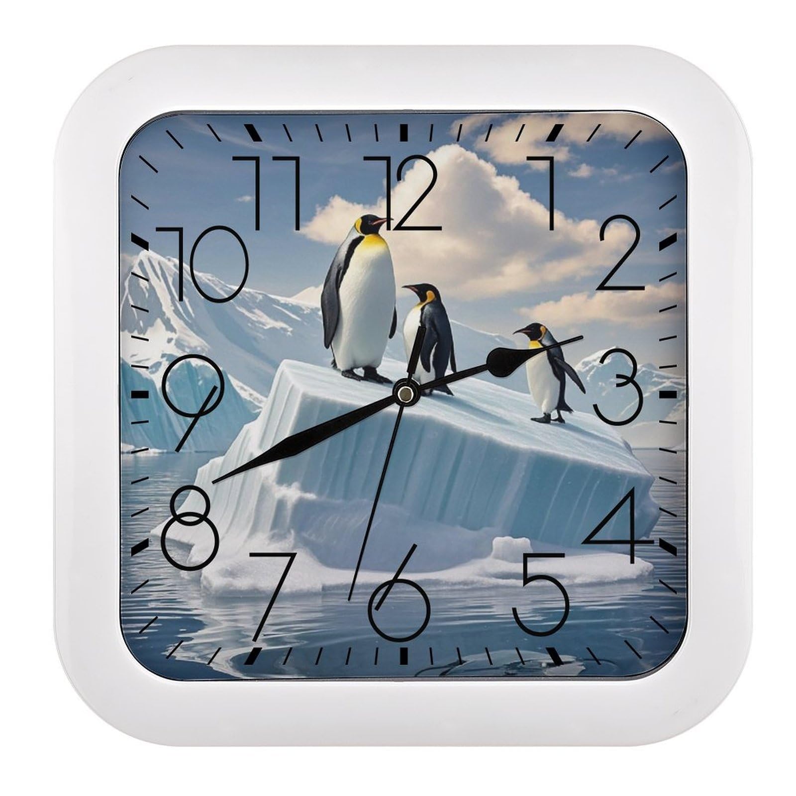FekiLoot Penguins On The Iceberg Wall Clock Battery Operated Square Decorative Wall Clocks Silent Non Ticking Analog Clock Modern Retro Vintage Wall Clocks for Kitchen Living Room Office 10.2 Inch