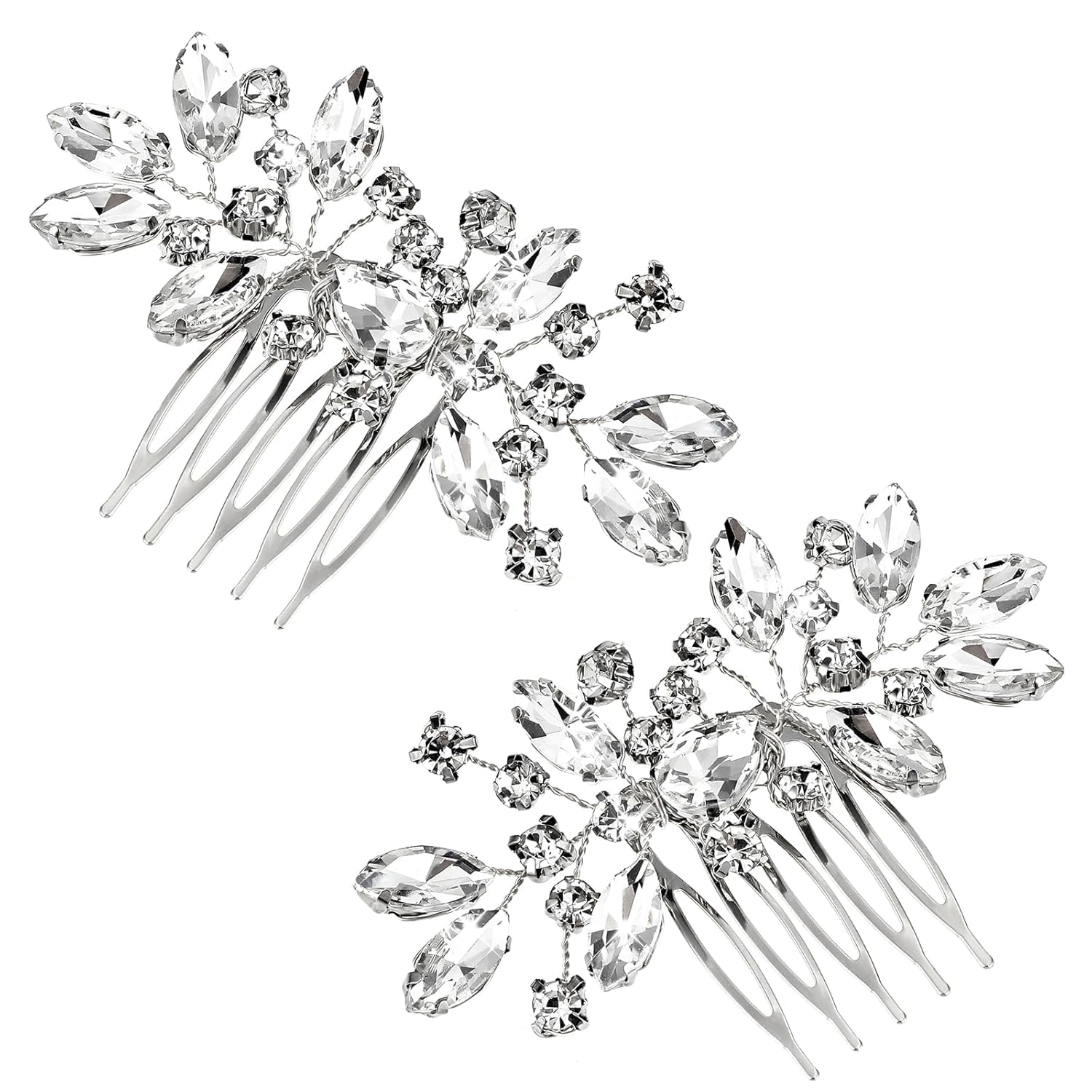 2 Pcs Bridal Hair Comb Rhinestone Silver Flower Hair Accessories