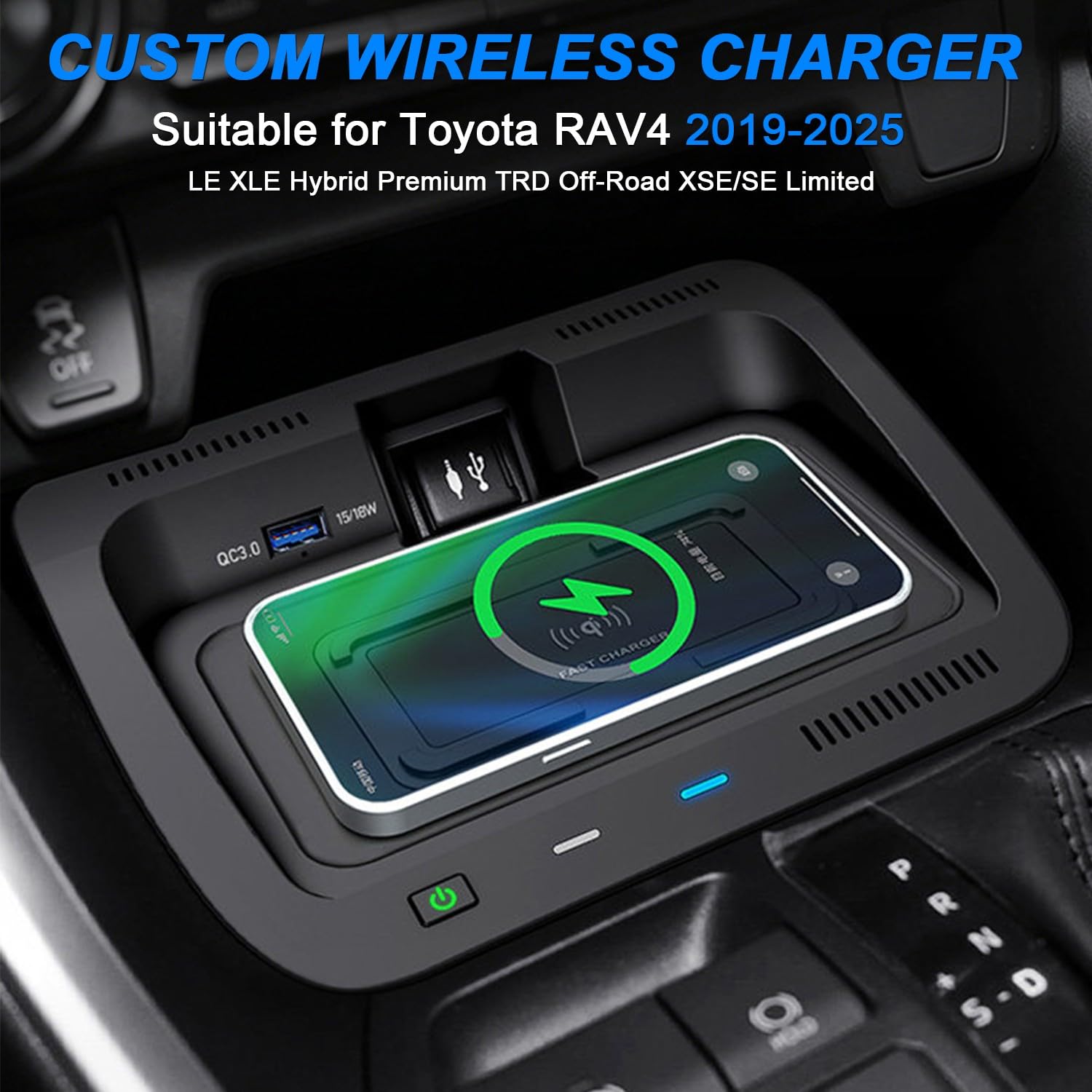 Cargador de Inalámbrico para Toyota RAV4 2019-2025, Personalizado OEM Organizador de Consola Central Carga Rápida Coche Teléfono Cargador para Toyota RAV4 LE/XLE/Hybrid/SE/XSE Accesorios(black)