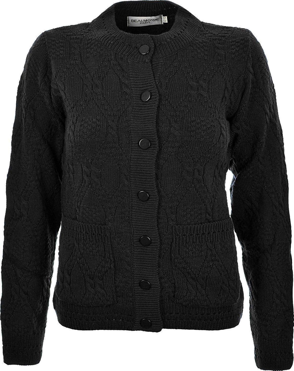 WearAll Women's Ladies Long Sleeve Button Top Aran Knitted Cardigan Button Clouse Crew Neck UK (22/24, Black)